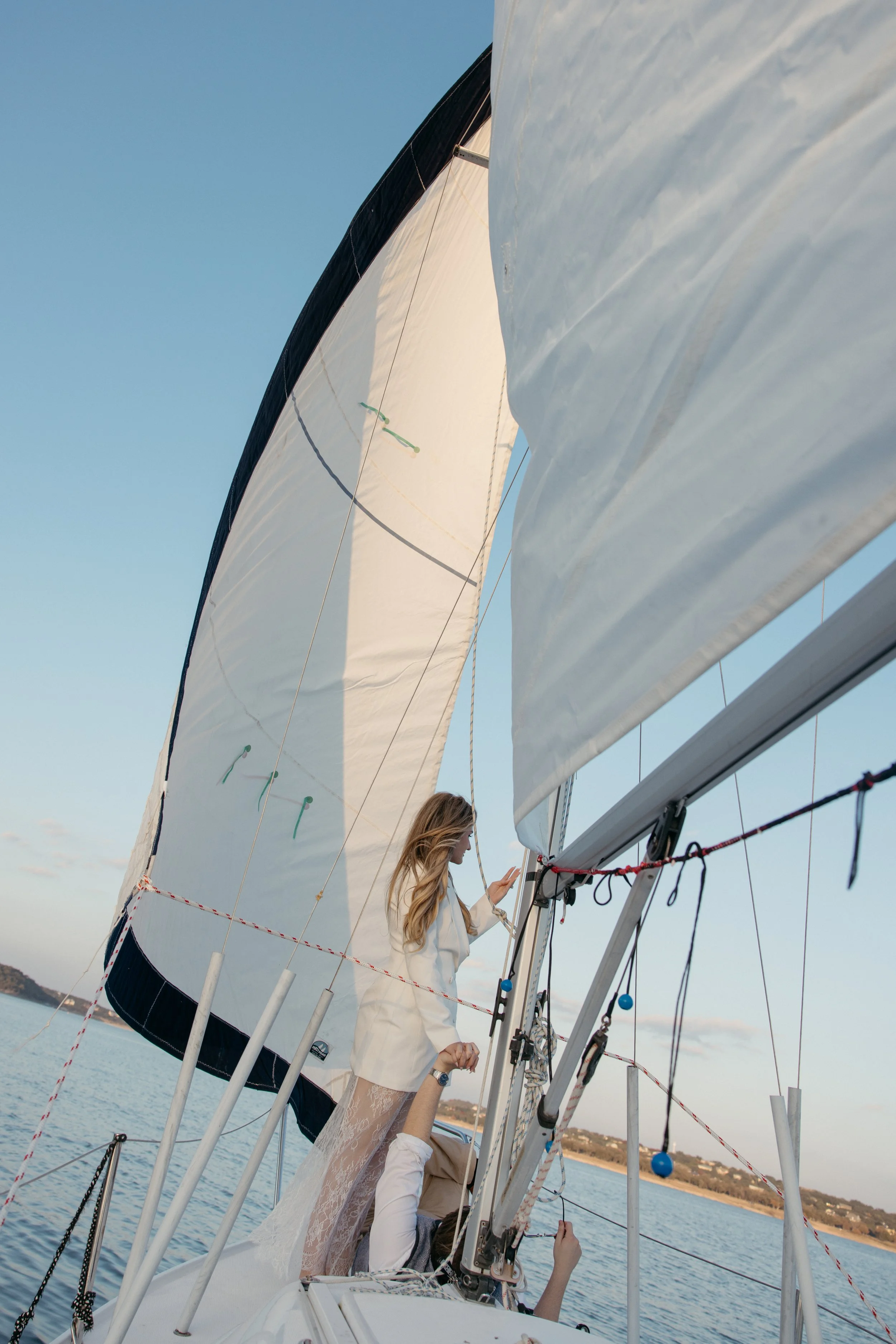 Coastal aesthetic sailboat engagement session, Lake Travis Austin TX — editorial analog photography by Lauren Nicole