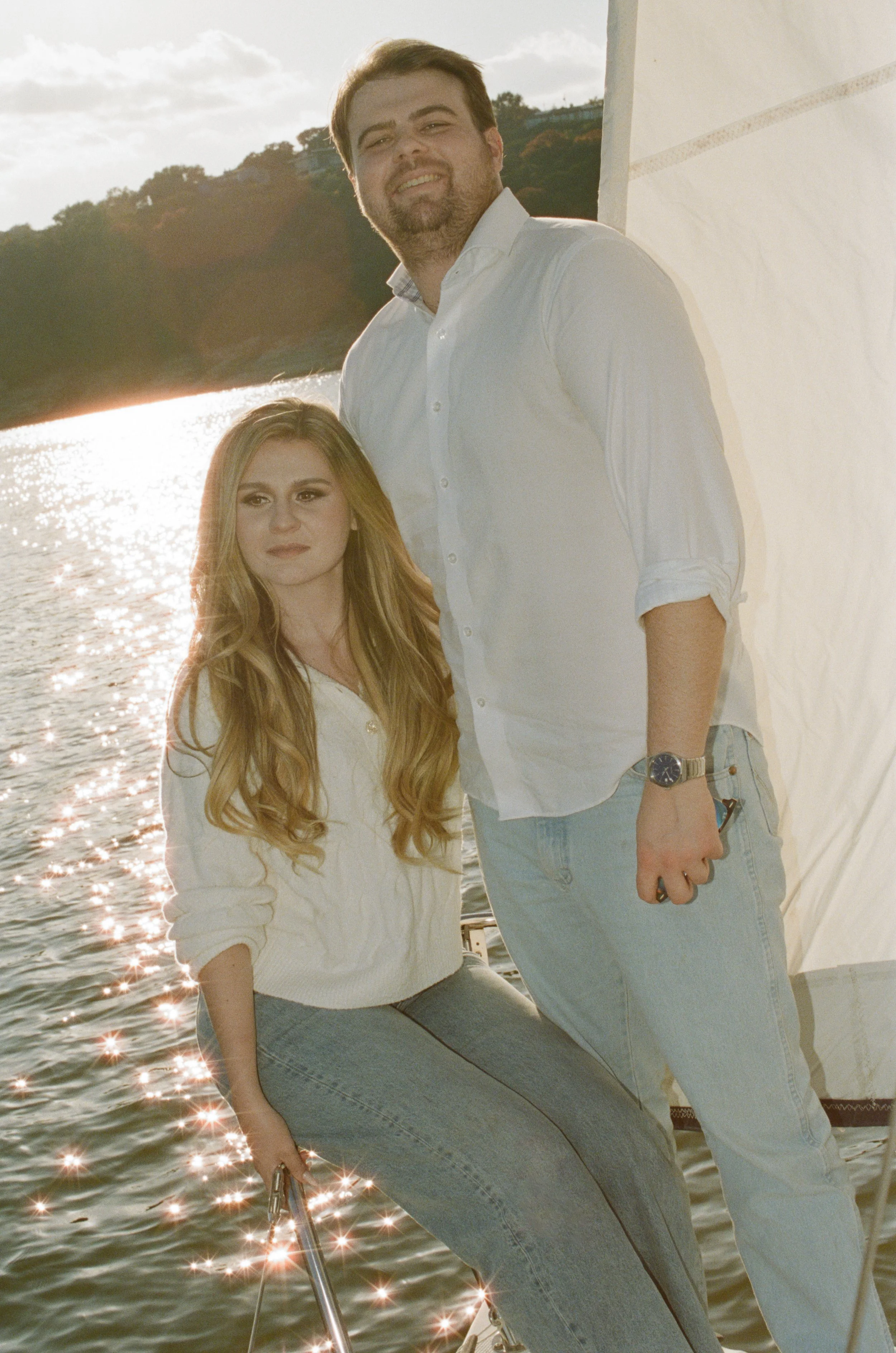 Coastal aesthetic sailboat engagement session, Lake Travis Austin TX — editorial analog photography by Lauren Nicole