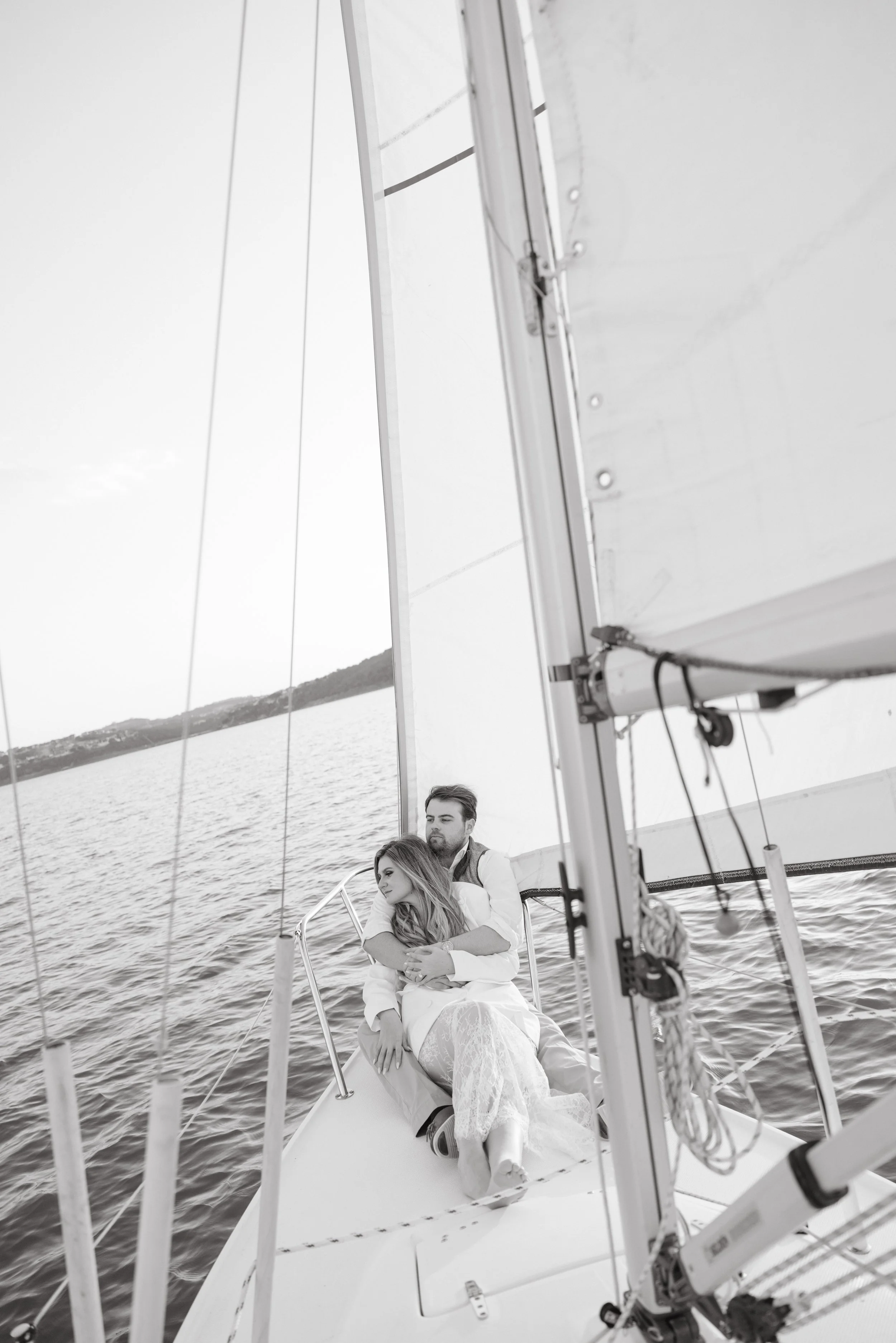 Coastal aesthetic sailboat engagement session, Lake Travis Austin TX — editorial analog photography by Lauren Nicole