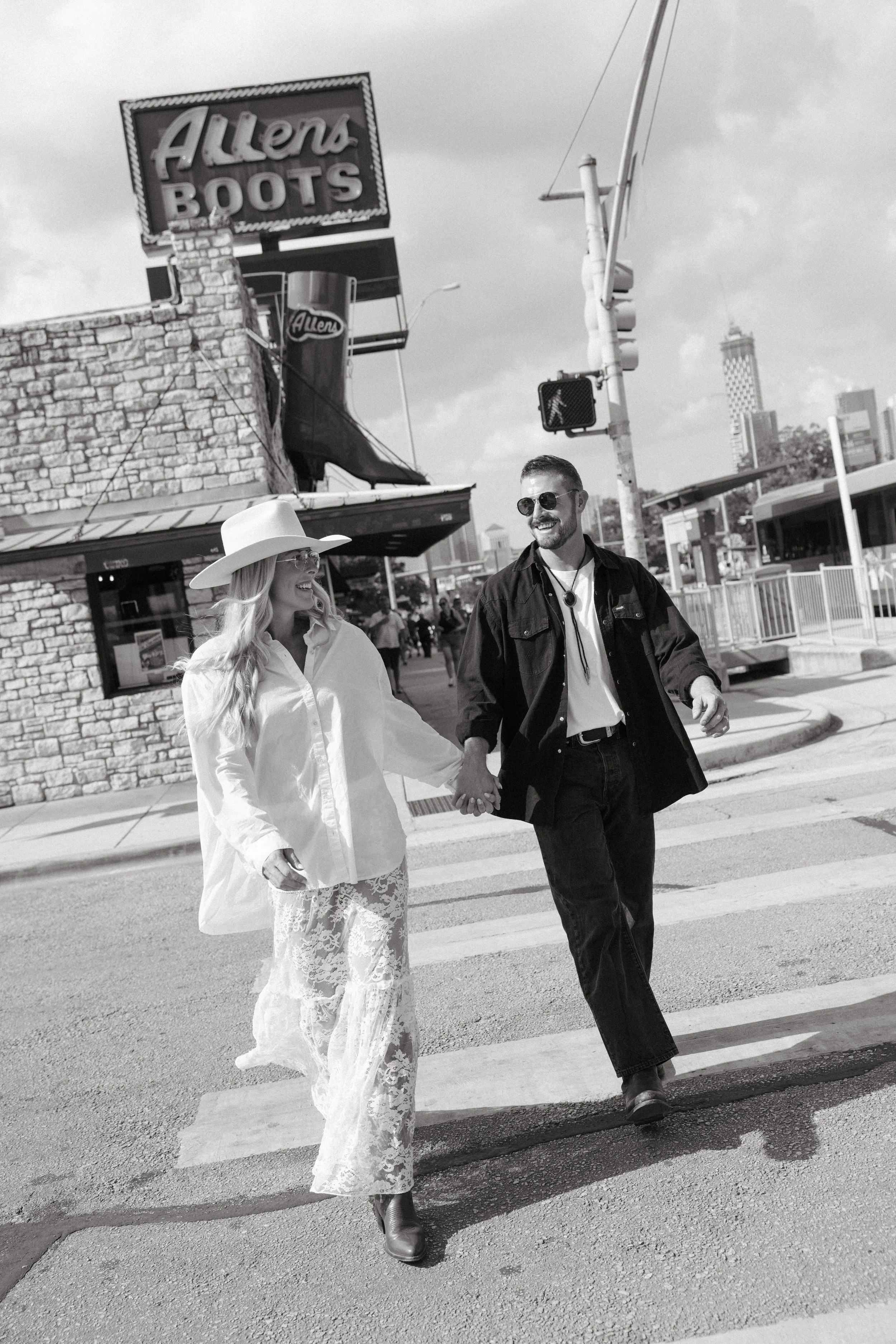 Western high fashion engagement session on South Congress, Austin Texas — Allen's Boots, Tecovas, editorial film photography by Lauren Nicole Photo