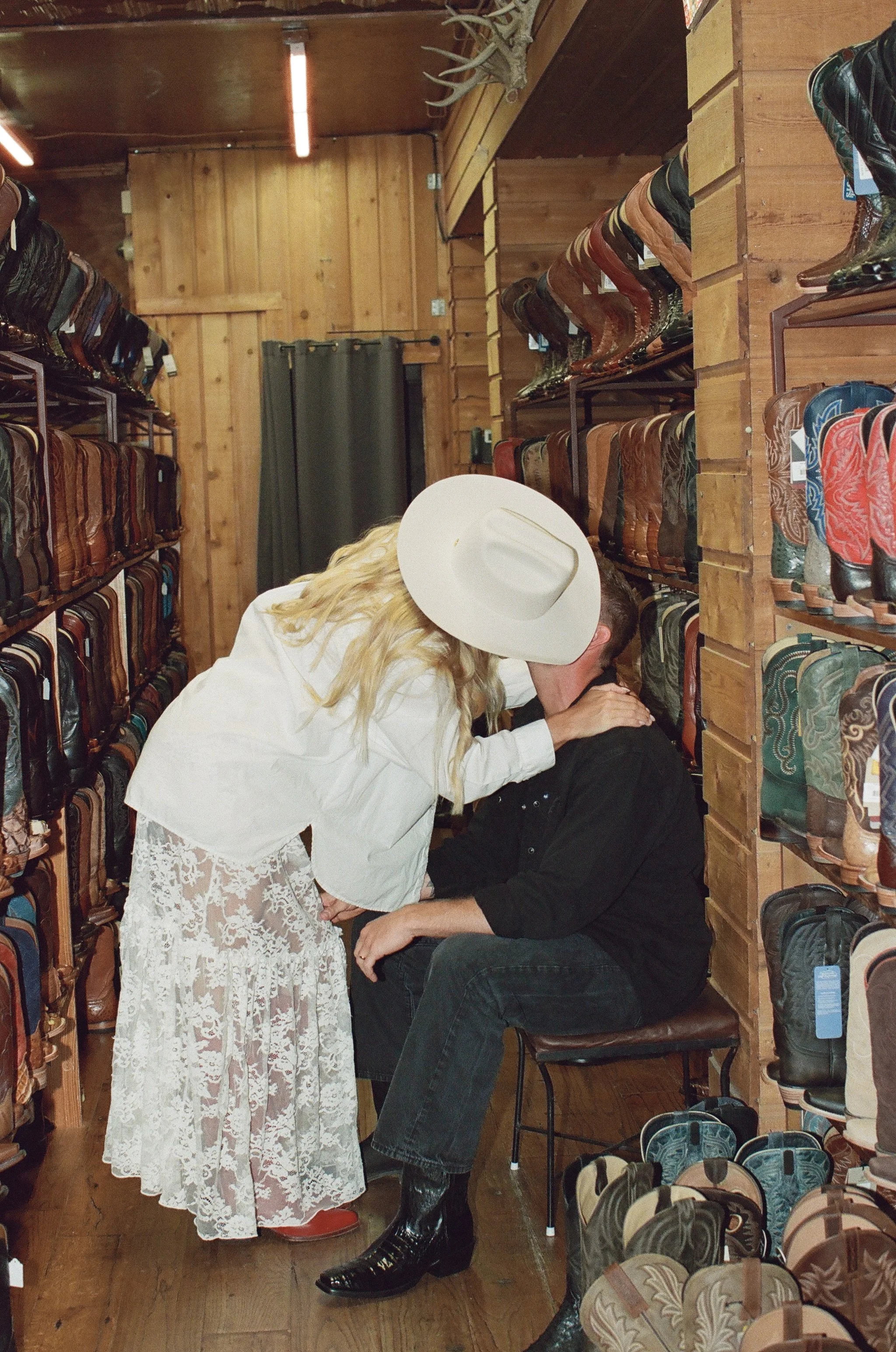 Western high fashion engagement session on South Congress, Austin Texas — Allen's Boots, Tecovas, editorial film photography by Lauren Nicole Photo