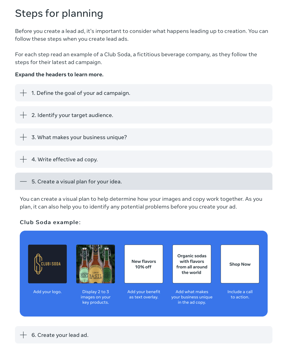 Text and accordion ("Create a visual plan for your idea" revealed) 