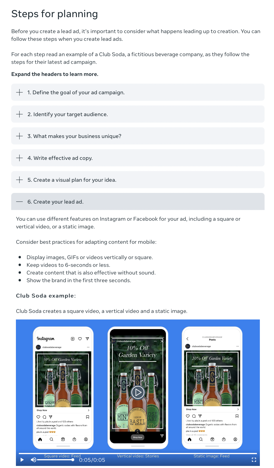 Text and accordion ("Create your lead ad" revealed)