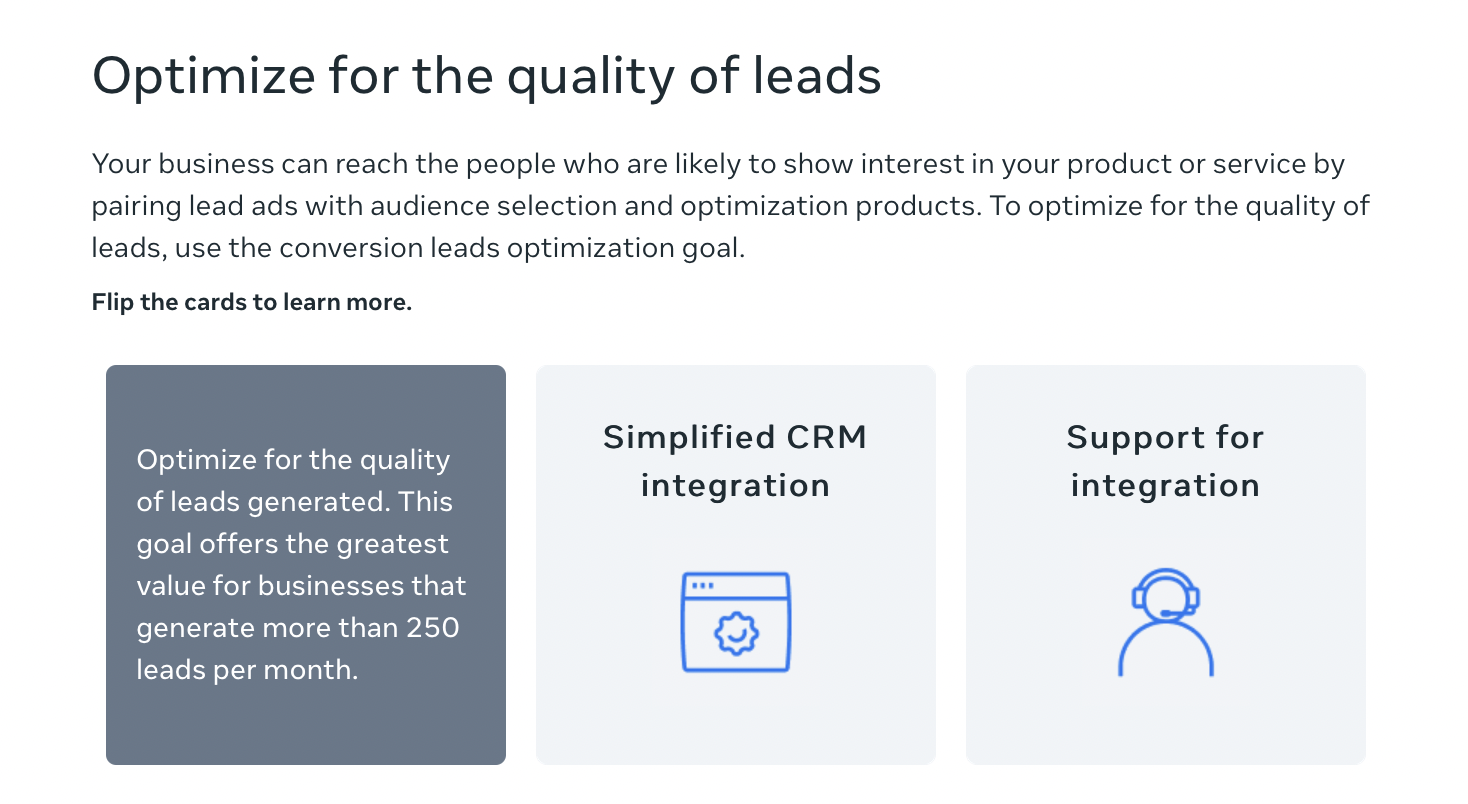 Flip cards ("Conversion leads optimization goals" revealed) 
