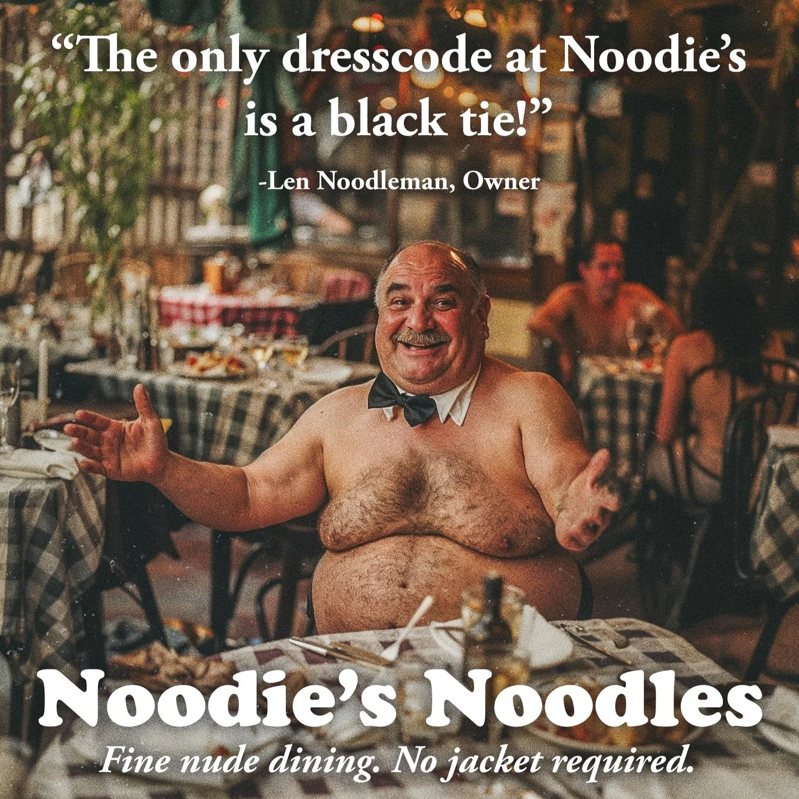 Humorous advertisement for "Noodie's Noodles" featuring a smiling man in a bow tie, seated at a table in a restaurant, with text stating, "The only dresscode at Noodie's is a black tie!" and "Fine nude dining. No jacket required."