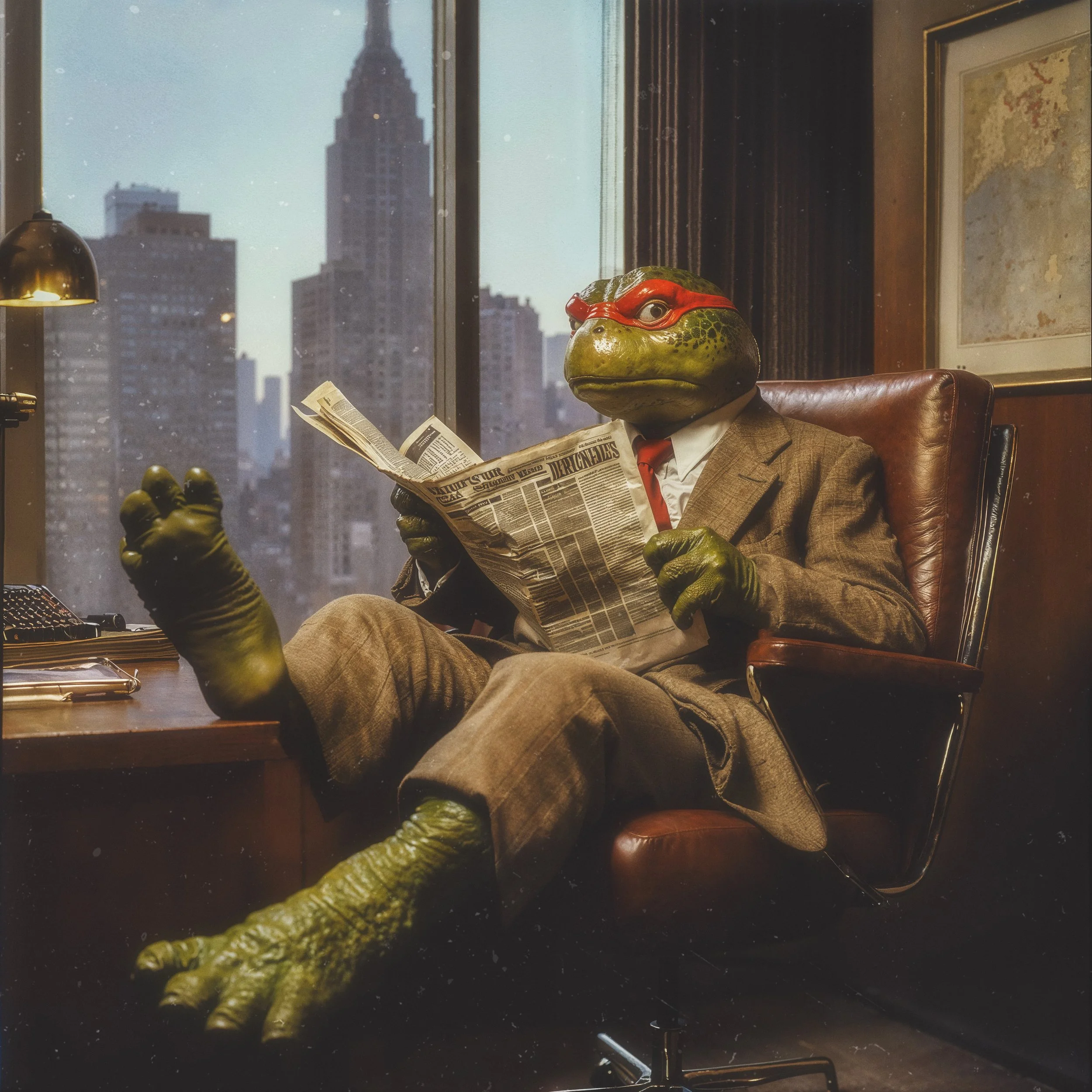 Anthropomorphic turtle in a suit with red eye mask reading newspaper in office, city skyline backdrop.