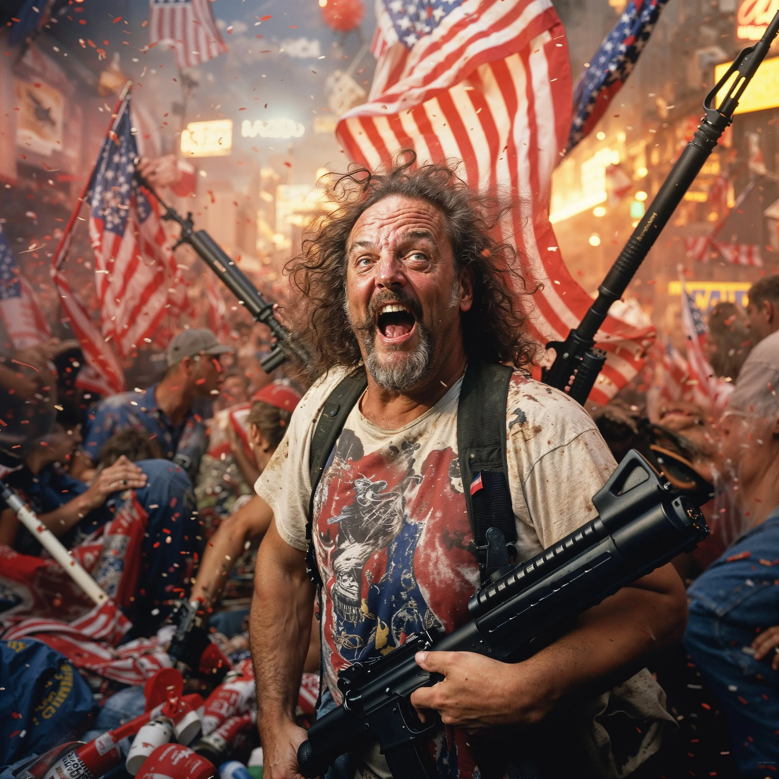 Man holding a large firearm amidst a crowd with American flags, confetti falling, and buildings in the background.