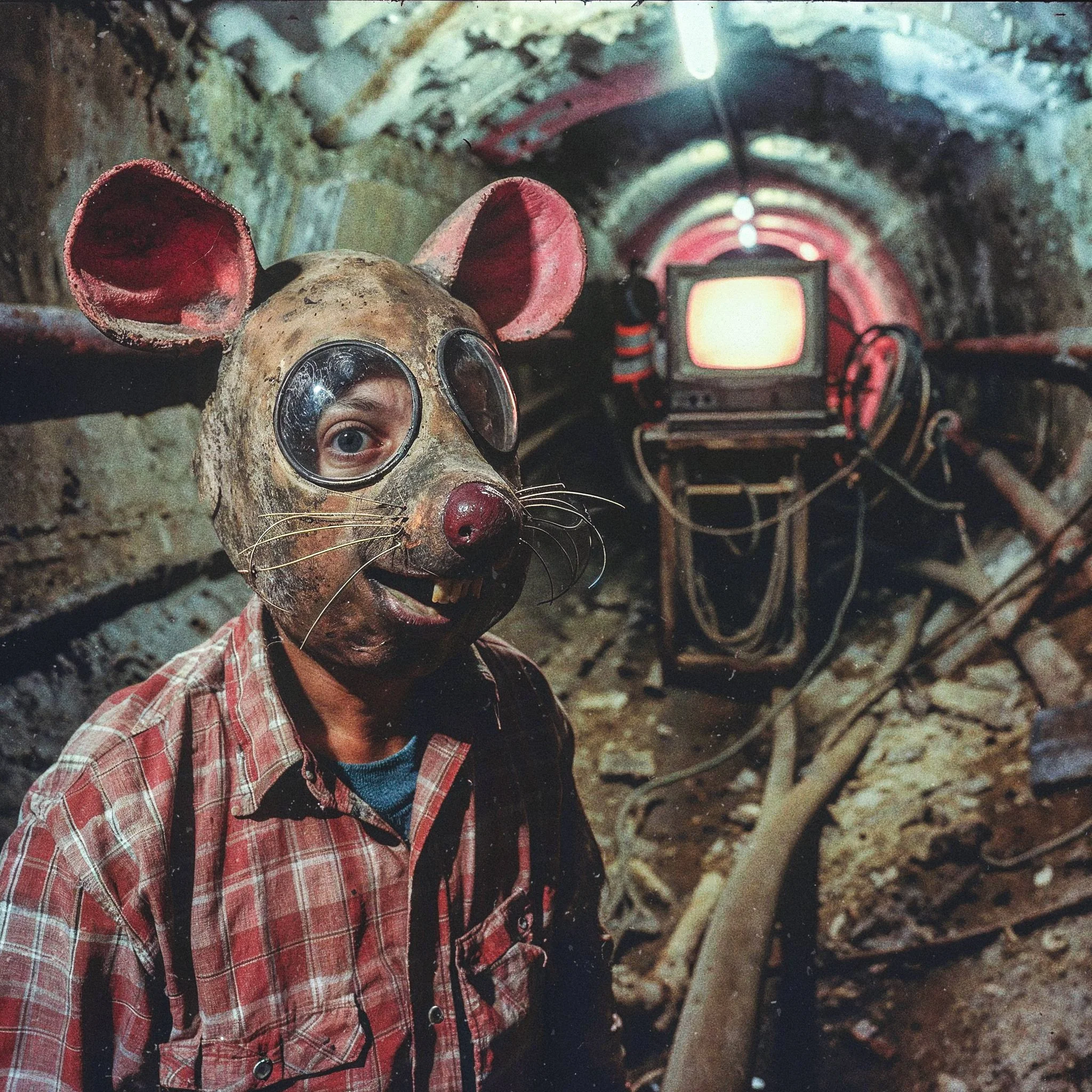 Person wearing a mouse costume mask in a dimly lit tunnel