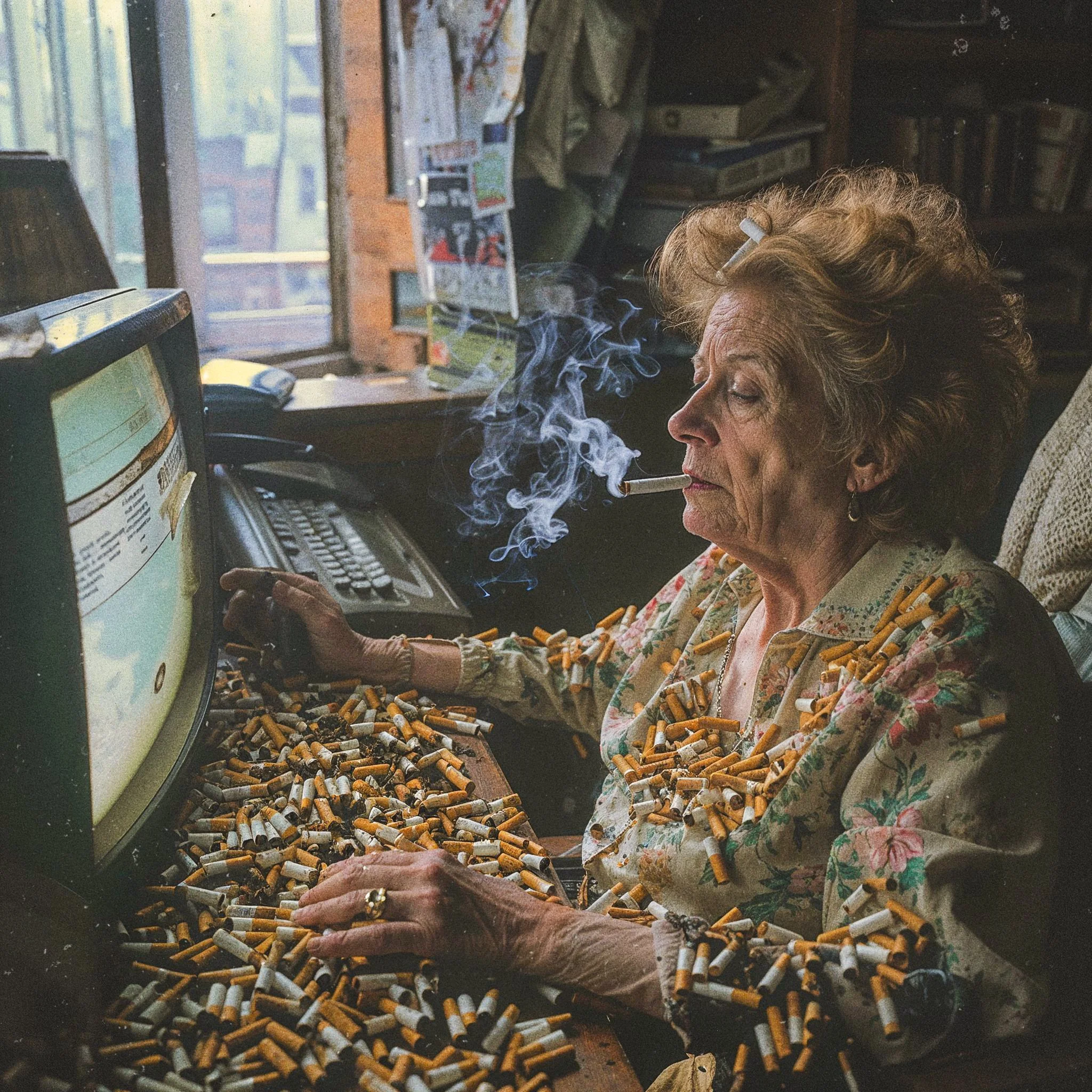 Elderly woman smoking at a cluttered desk with cigarette butts