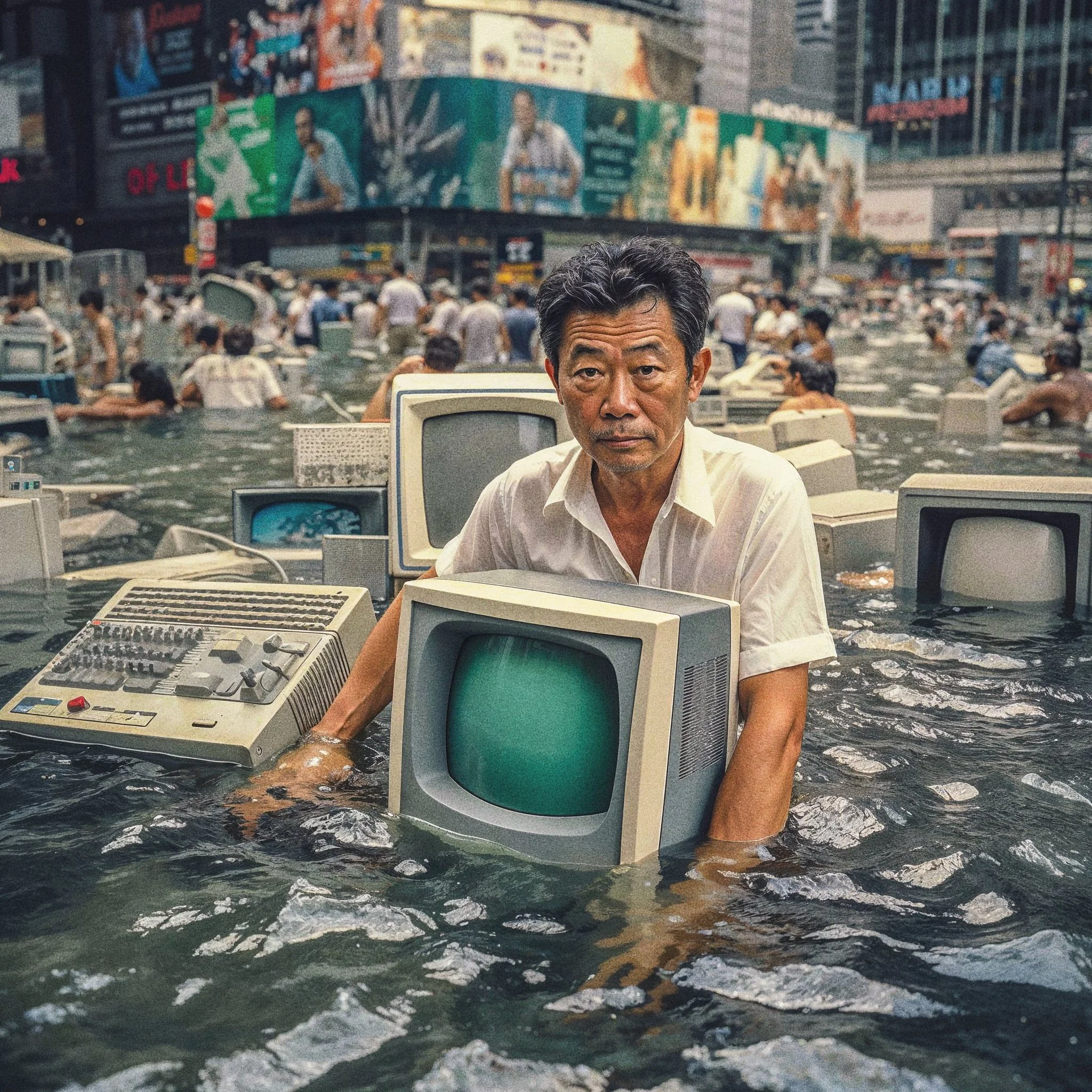 Flooded city street with people and vintage computer monitors in water