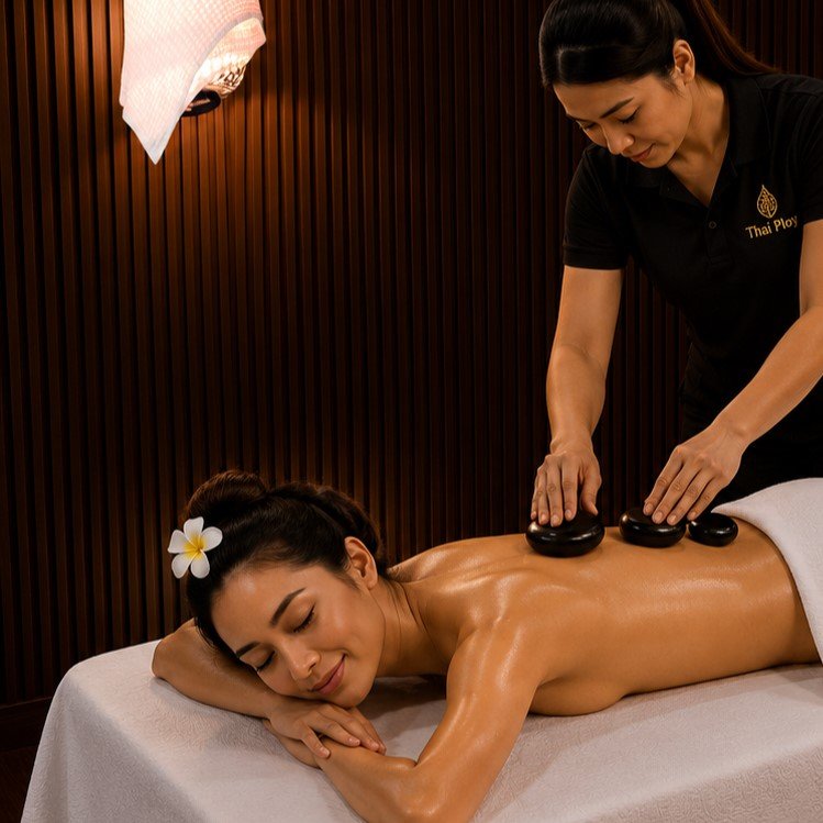 Persona recibiendo un masaje con piedras calientes en la espalda en un spa.