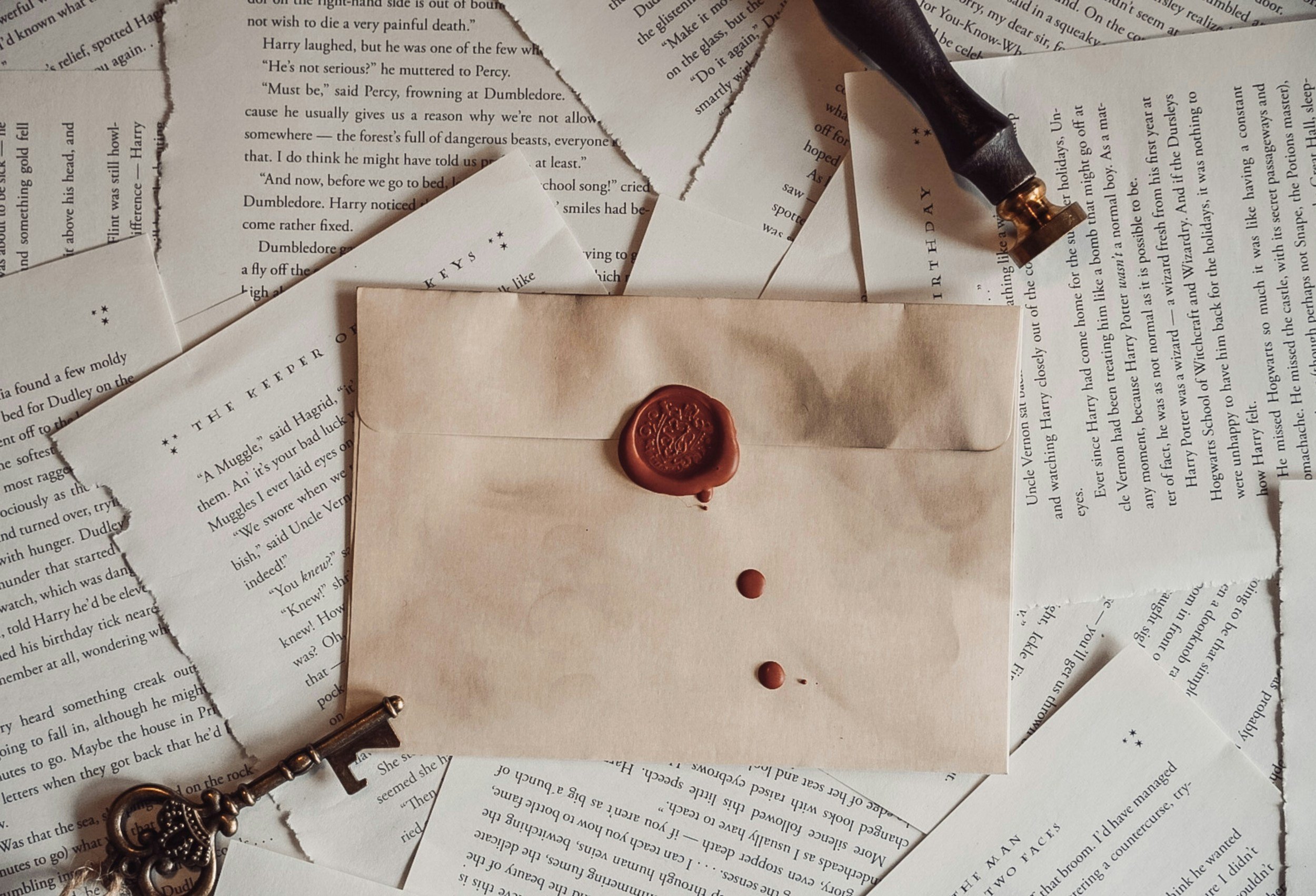 An envelope sealed with red wax and a wax seal stamp is placed on torn pages of open books and papers scattered around. A vintage key is also visible.