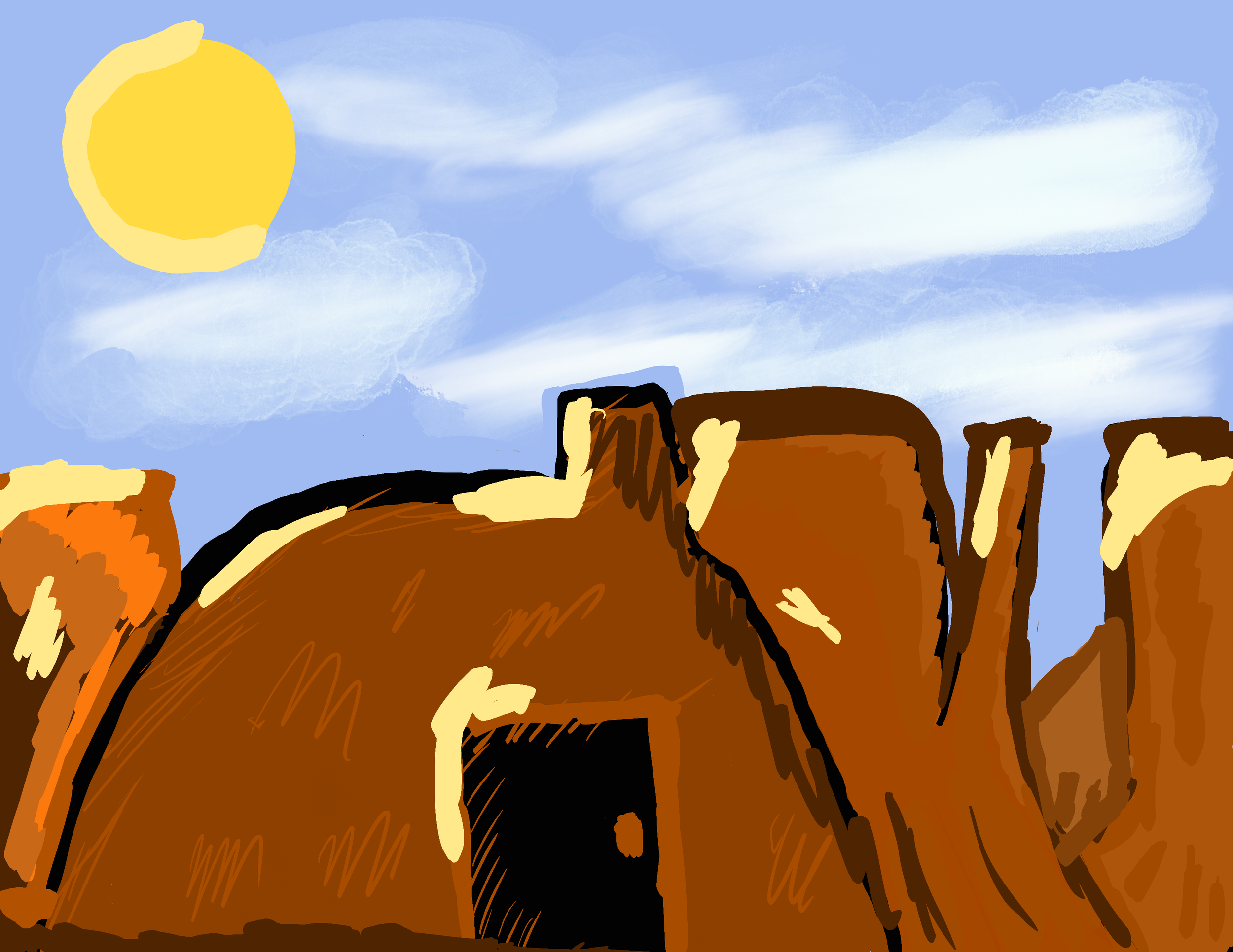 A hogan under a blue sky and sun