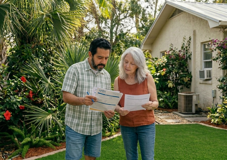 ac installation rep discussing estimate and project timeline.