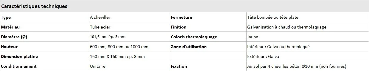 caractéristique technique tube protection diam. 76 mm à cheviller
