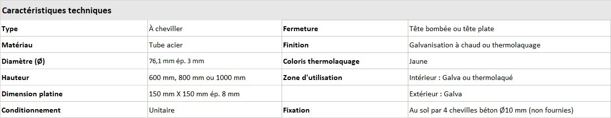 caractéristique technique poteau de protection diam. 76 mm