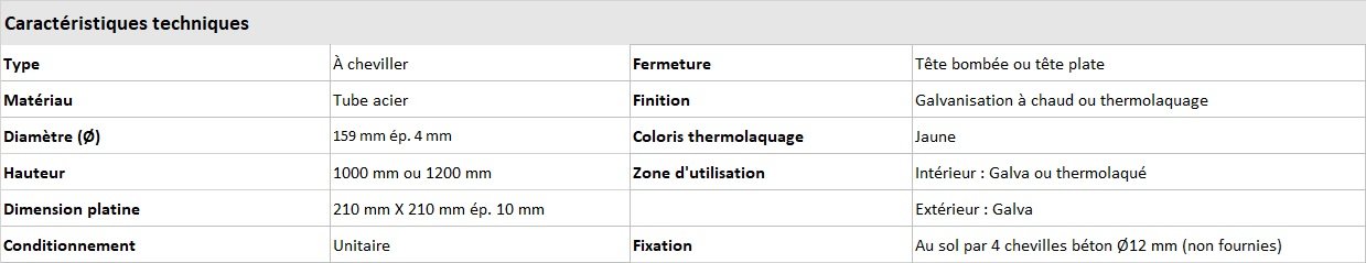 caractéristique technique quille protection Ø159 à cheviller
