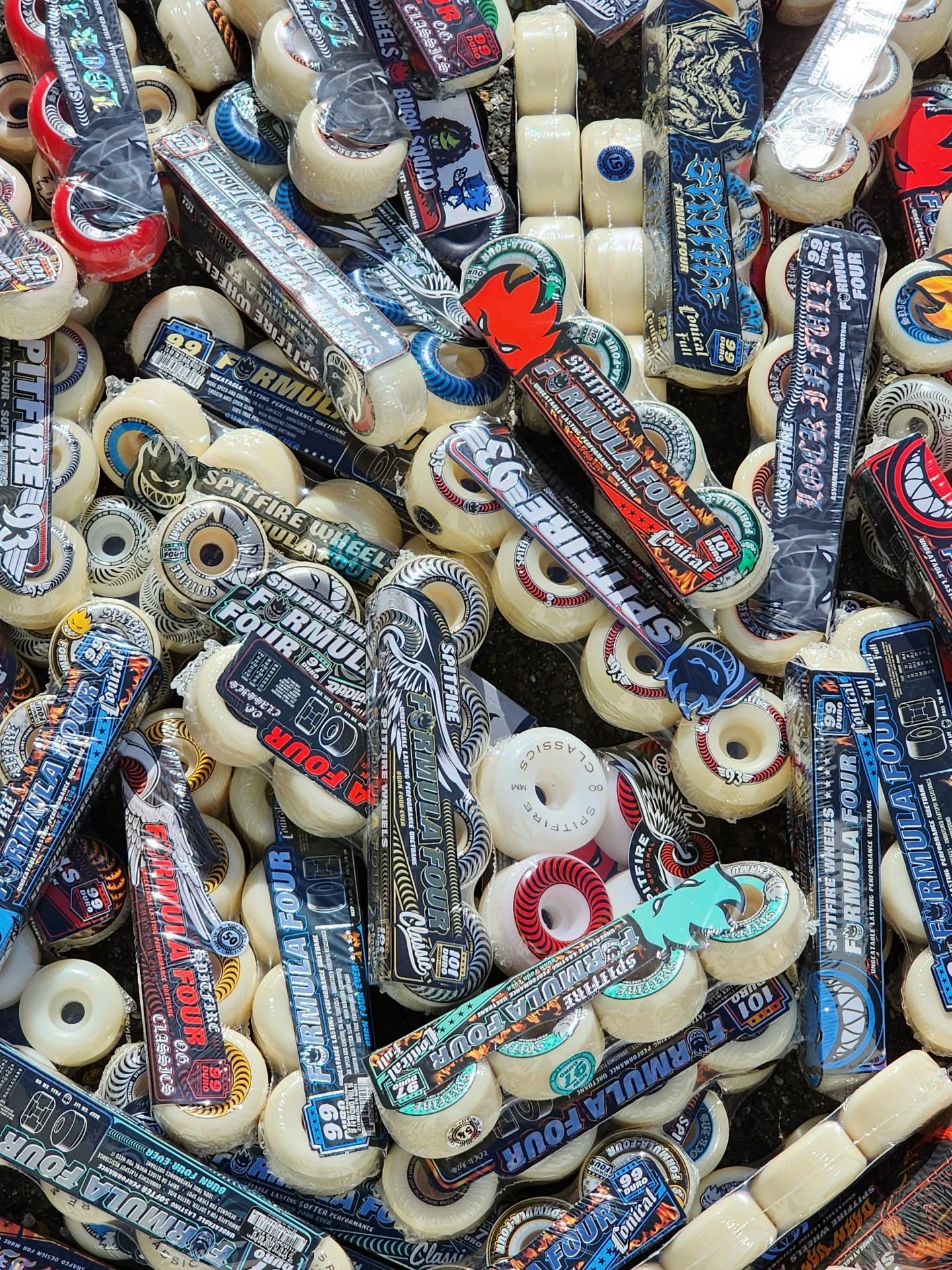 Restock of @spitfirewheels in all your favorite shapes, sizes and duro's😍 #spitfirewheels #formulafour #conicalfull #classic #burnforever