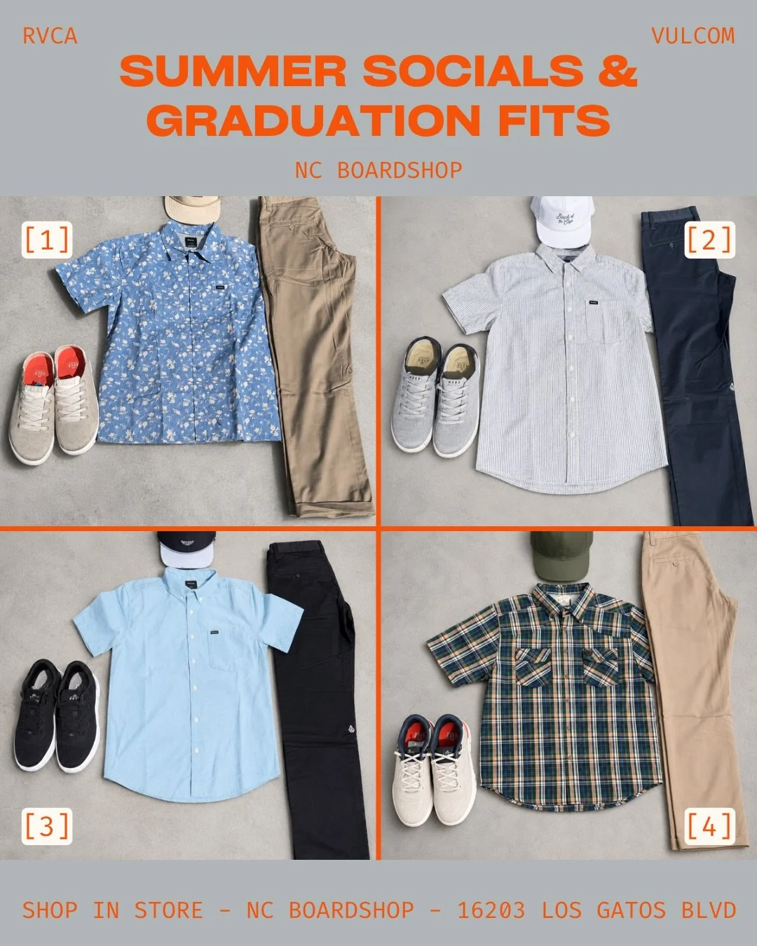 From graduation ceremonies to summer socials, these fits do both. 🎓😎

RVCA button-ups paired with versatile Volcom pants and Reef shoes make the perfect mix of clean, casual, and everyday wearable.

Come shop your summer fit at NC Boardshop. ☀️

#N
