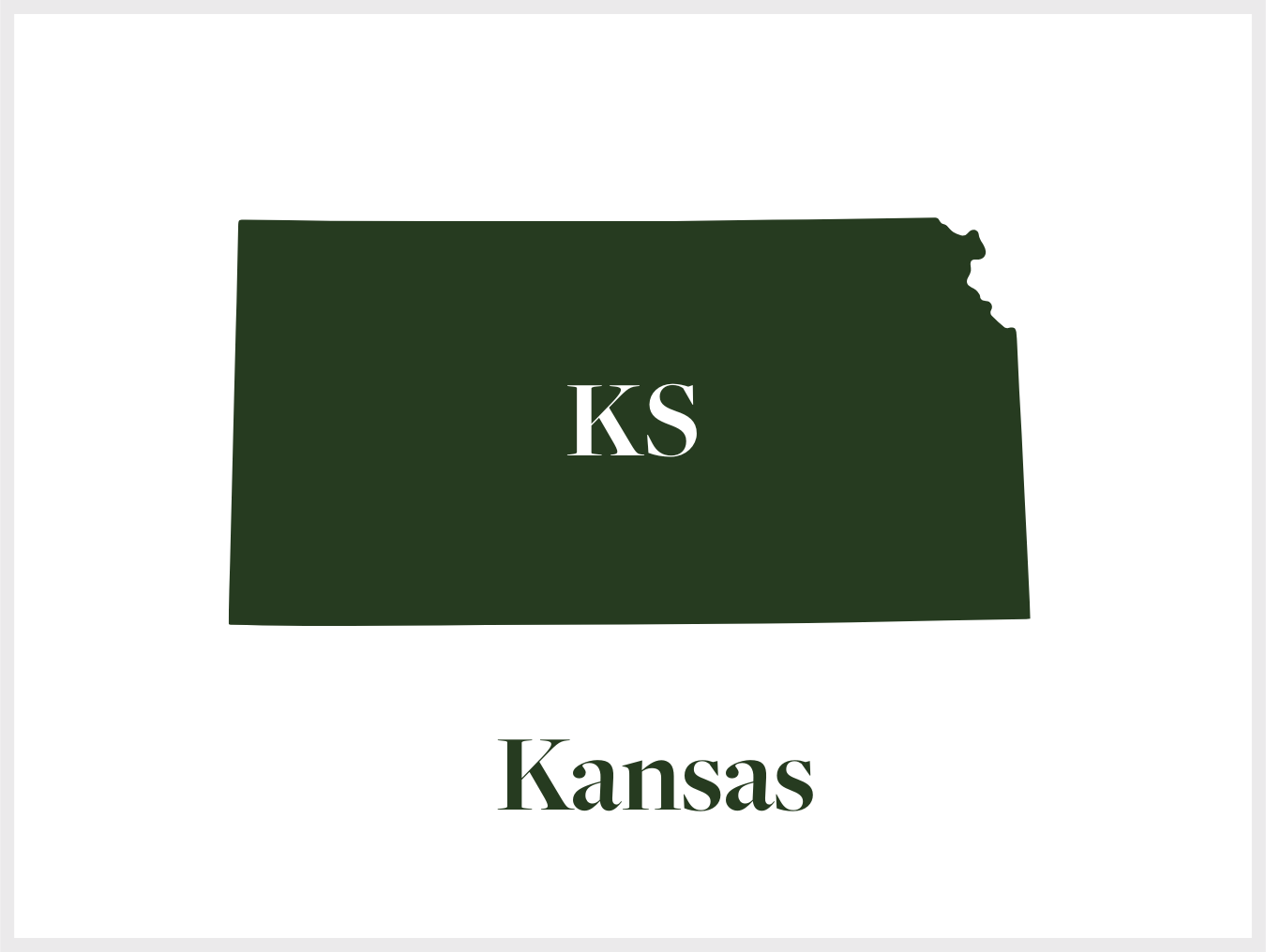 A dark green outline of the state of Kansas with the letters 'KS' in white in the center, and the word 'Kansas' written below it.