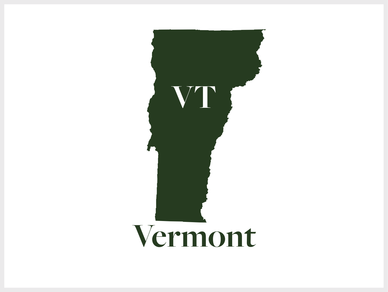Silhouette map of Vermont with the initials 'VT' in the center and the word 'Vermont' below in green.
