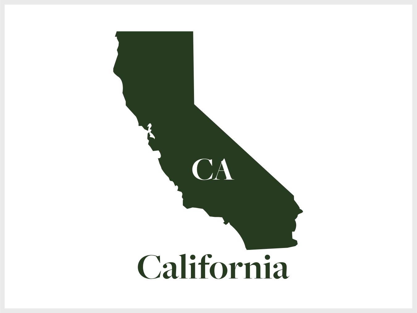 A dark green silhouette of the state of California with the letters 'CA' in white inside the map and the word 'California' in green below.