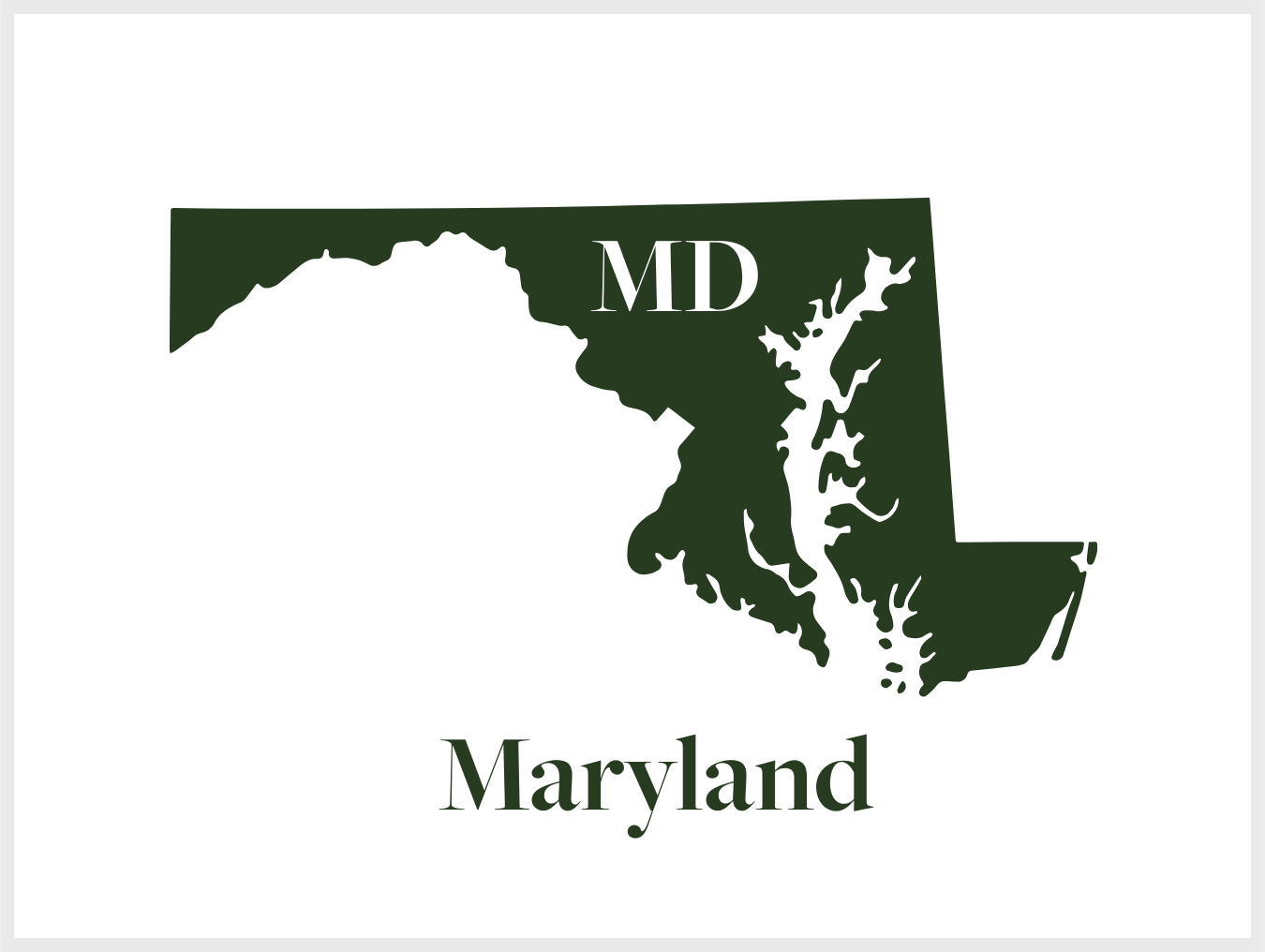 A dark green silhouette of the state of Maryland with the abbreviation 'MD' at the top right and the word 'Maryland' at the bottom.