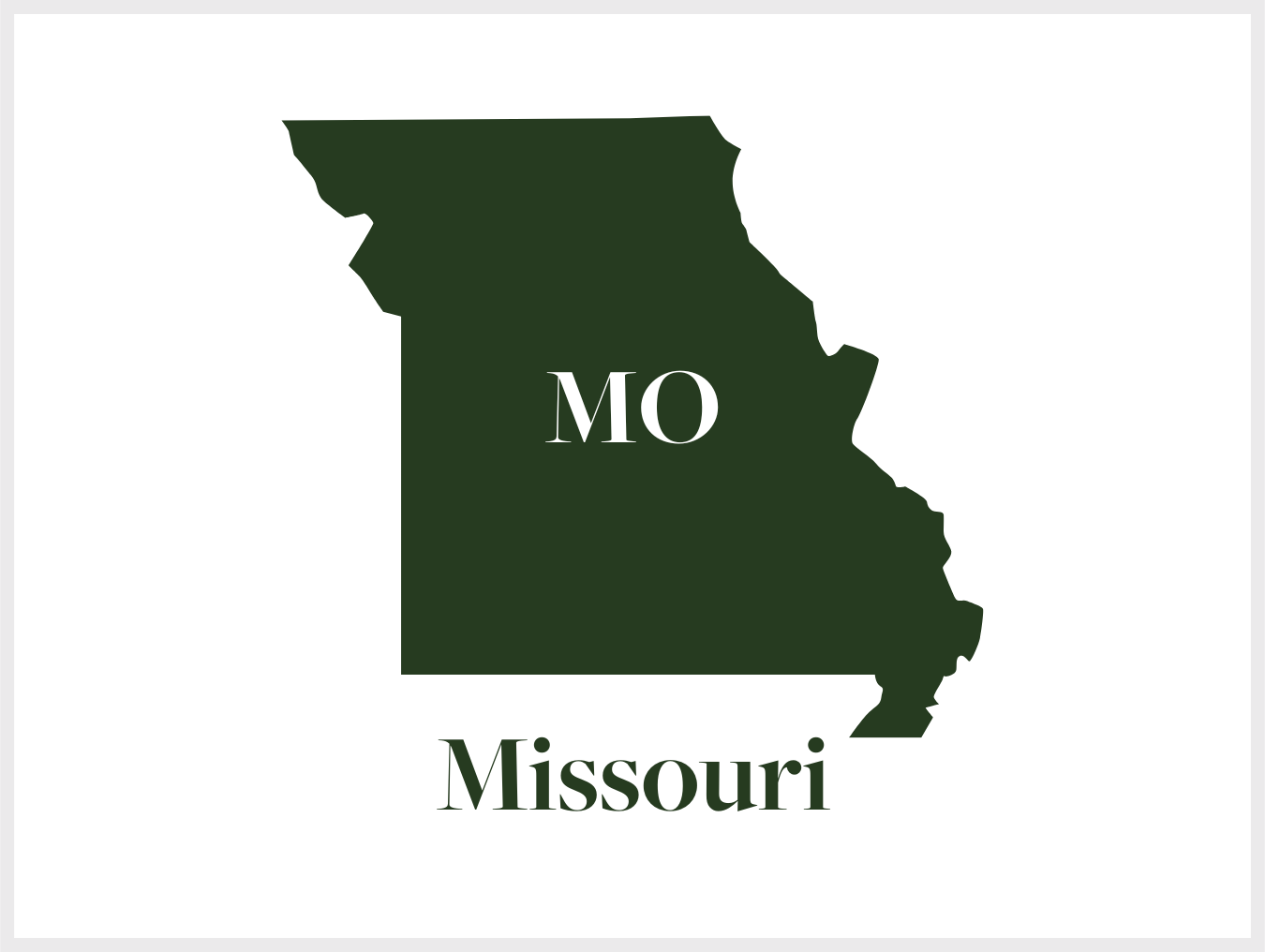 A dark green silhouette of the state of Missouri with the abbreviation 'MO' inside and the word 'Missouri' below.