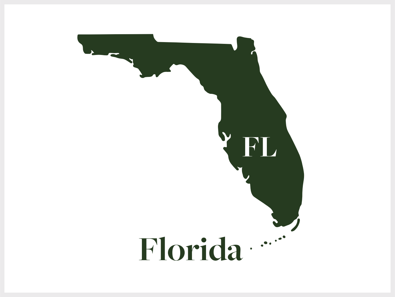 Green silhouette of the state of Florida with the letters 'FL' in the middle and the word 'Florida' at the bottom.