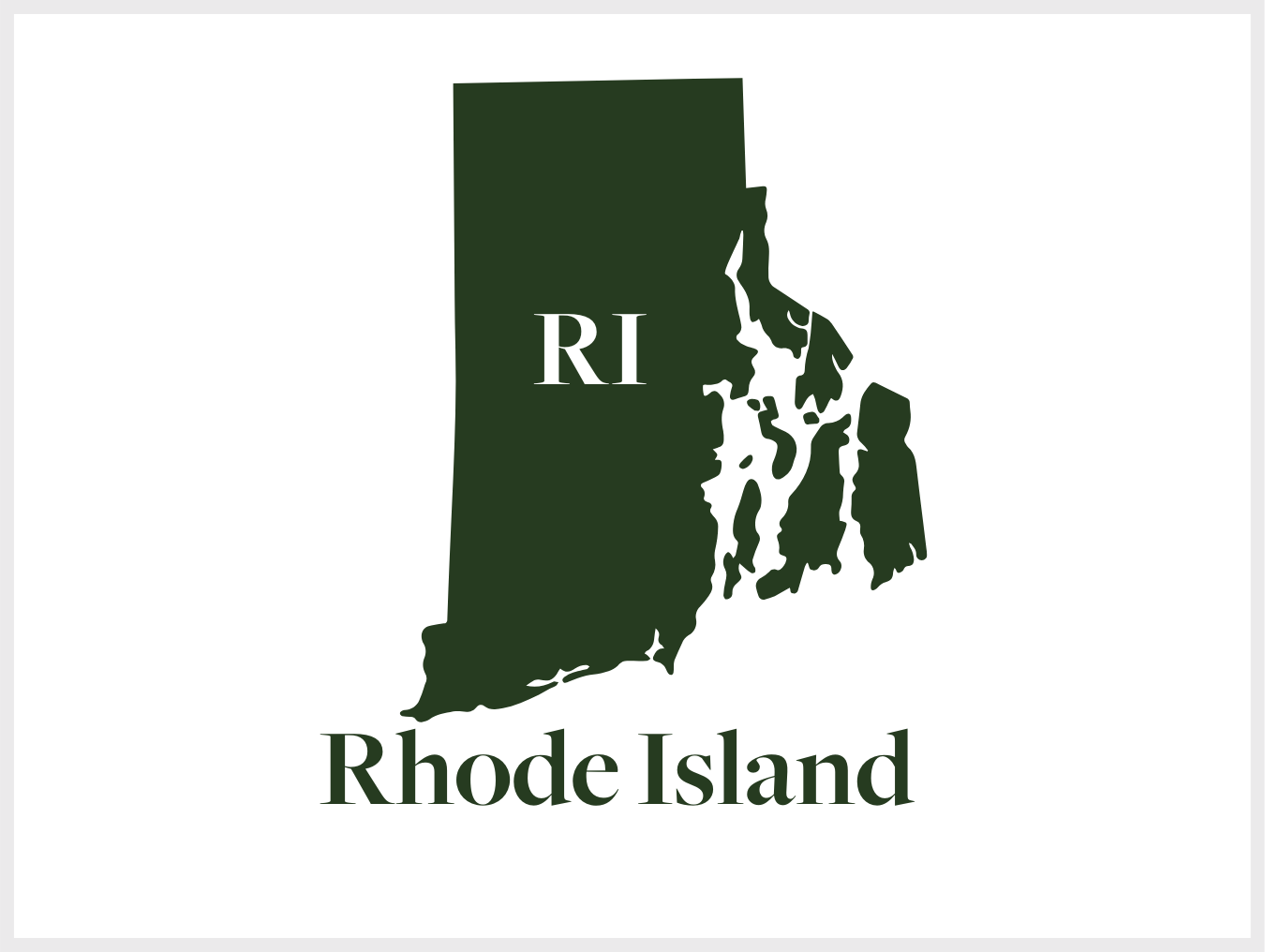 A dark green silhouette map of Rhode Island with the abbreviation 'RI' in the center, and 'Rhode Island' written below in matching dark green text.