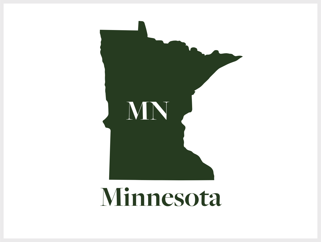 A dark green silhouette of the state of Minnesota with the abbreviation 'MN' in the center and the word 'Minnesota' at the bottom.