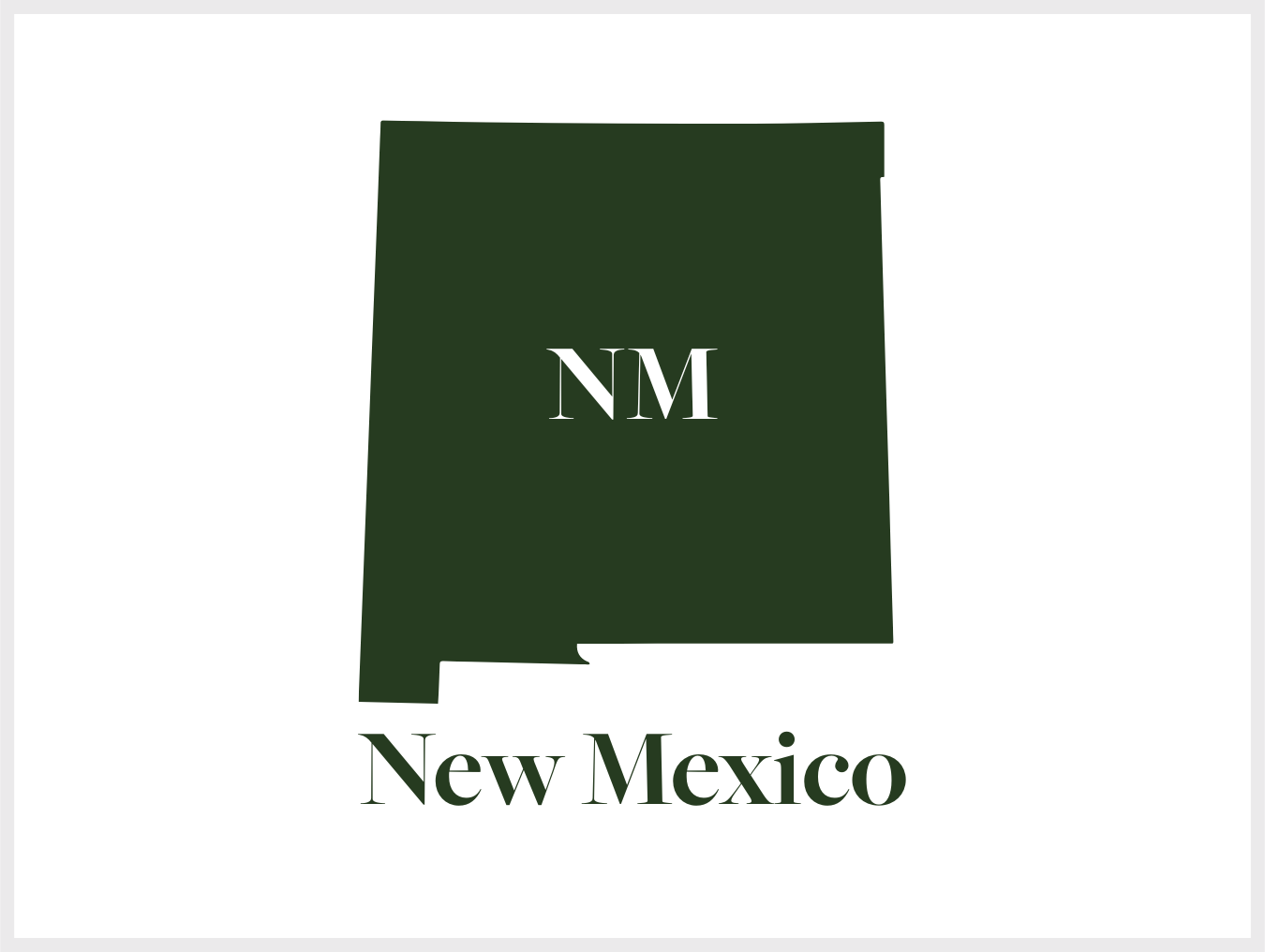 Green outline of the state of New Mexico with white initials NM in the center and the words 'New Mexico' below.