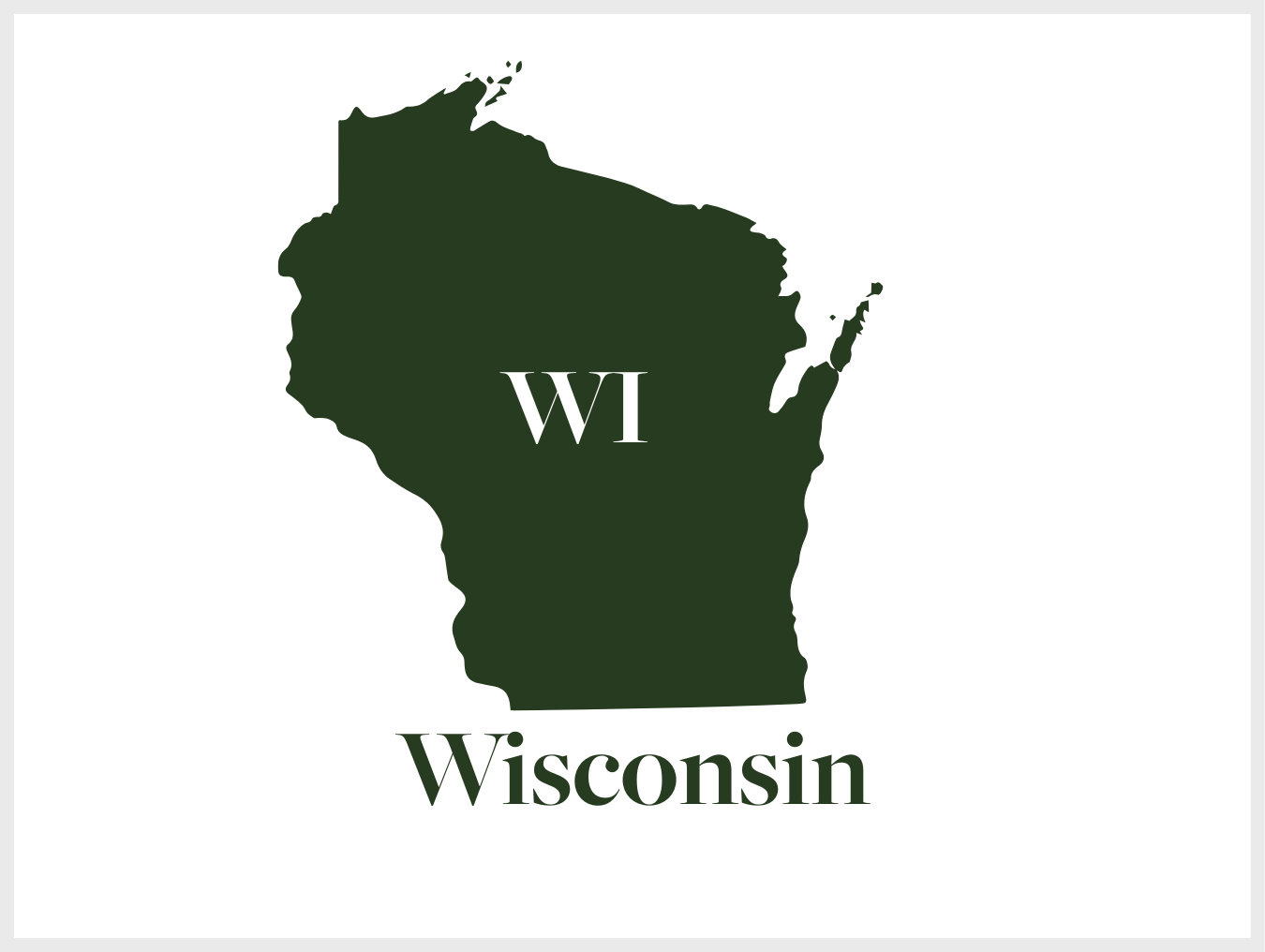 A dark green silhouette of the state of Wisconsin with the letters 'WI' inside and the word 'Wisconsin' below.