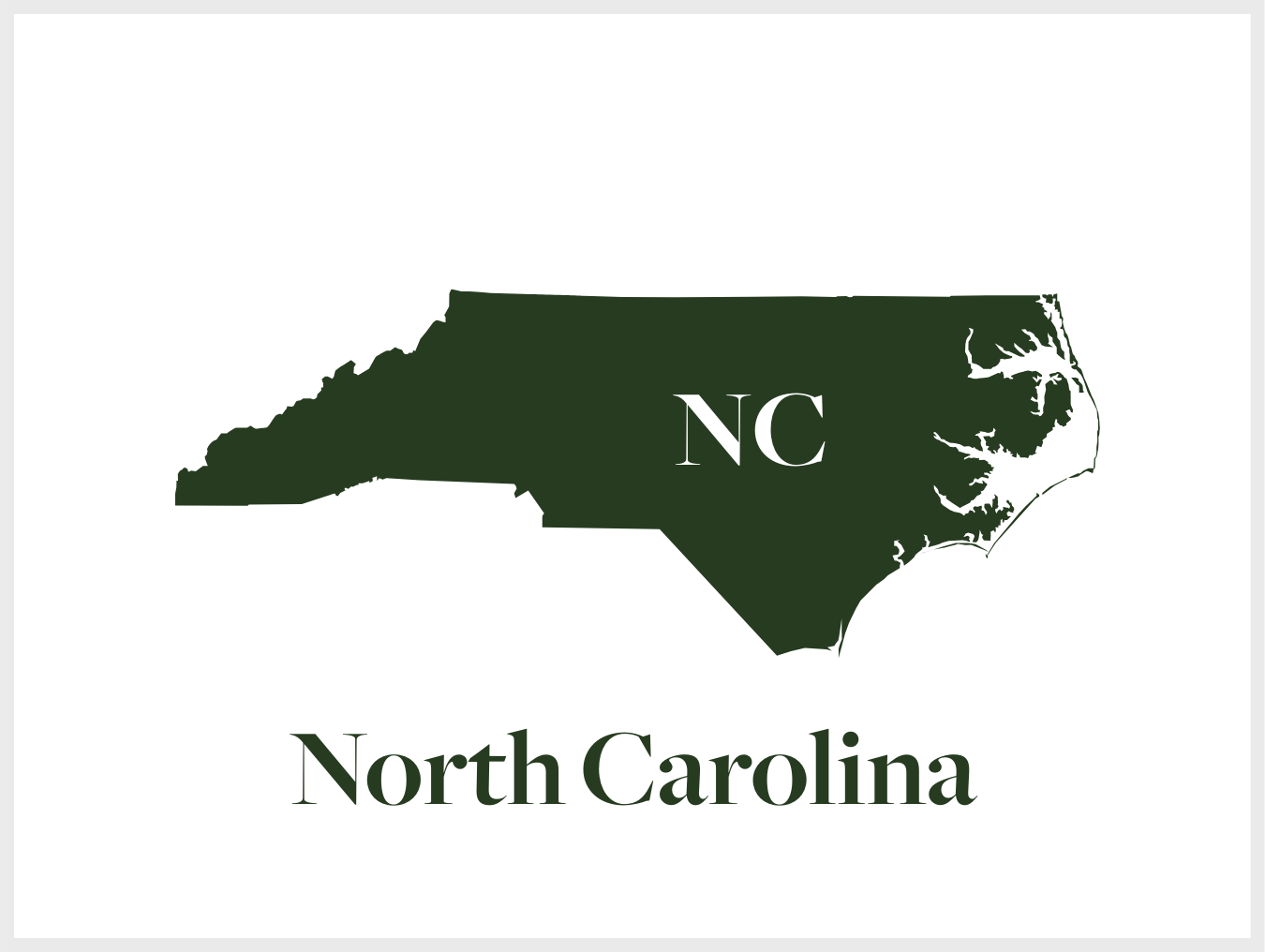 Silhouette map of North Carolina in dark green with 'NC' label in the center, and 'North Carolina' text below.