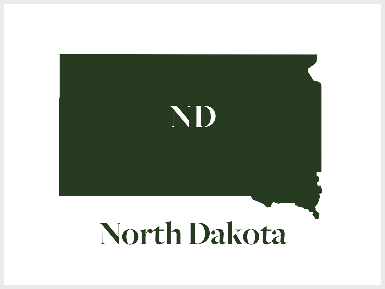 A dark green silhouette map of North Dakota with the text 'ND' in the center, and 'North Dakota' written below.