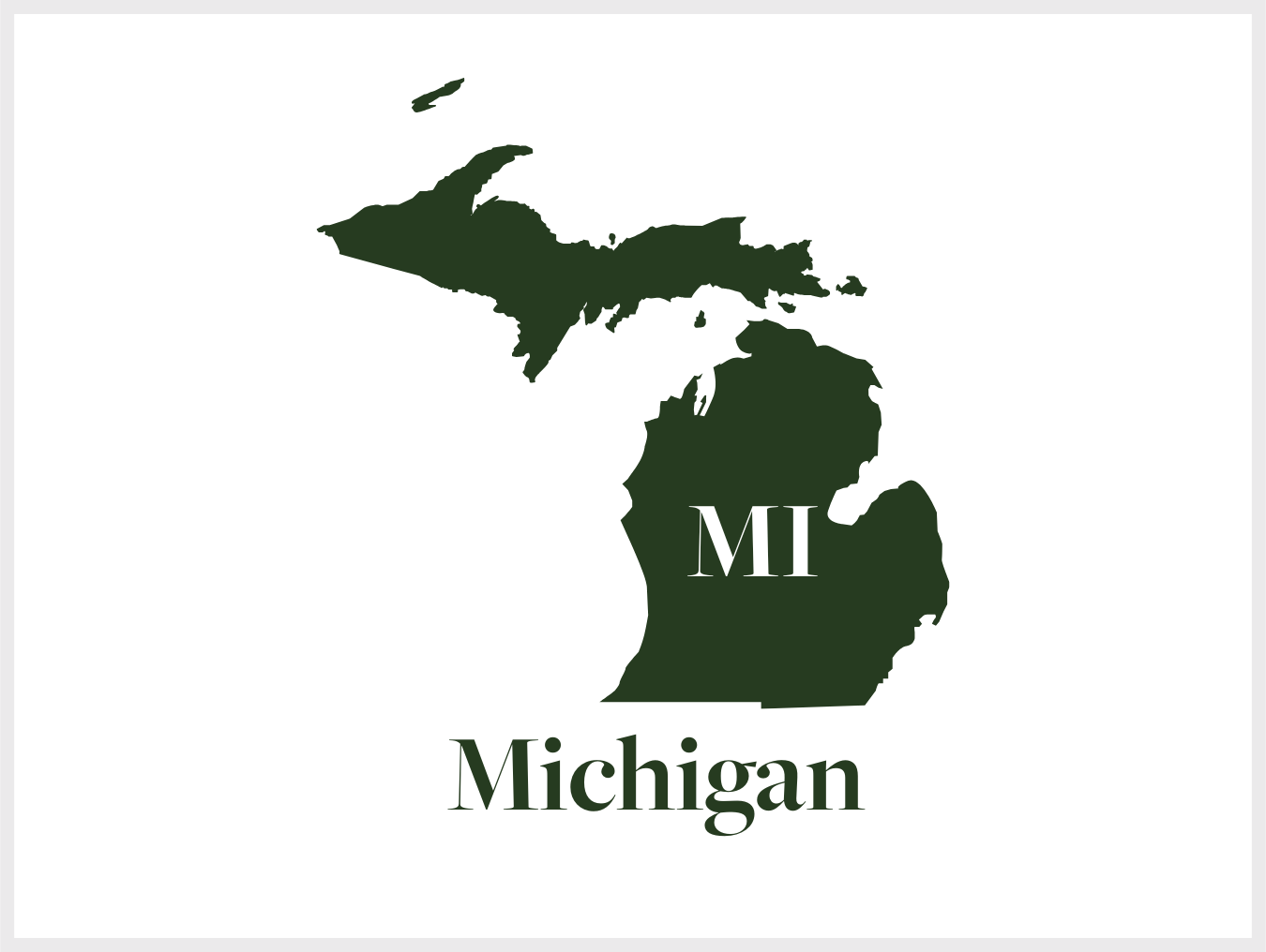 A stylized map of Michigan in dark green with the abbreviation 'MI' inside the state and the word 'Michigan' below.