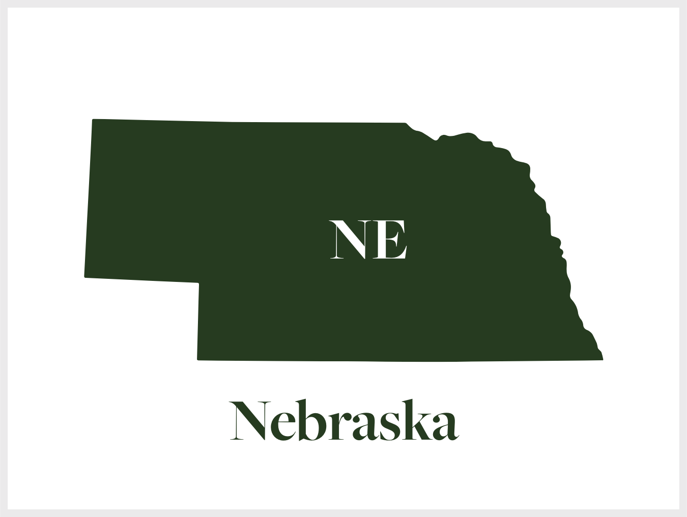 A dark green silhouette map of Nebraska with 'NE' in the center, and 'Nebraska' written below in large font.