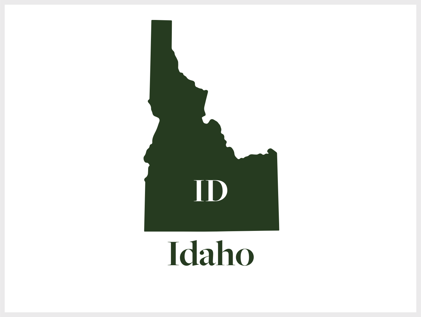 A dark green silhouette of the state of Idaho with the word 'ID' inside it and 'Idaho' written below.