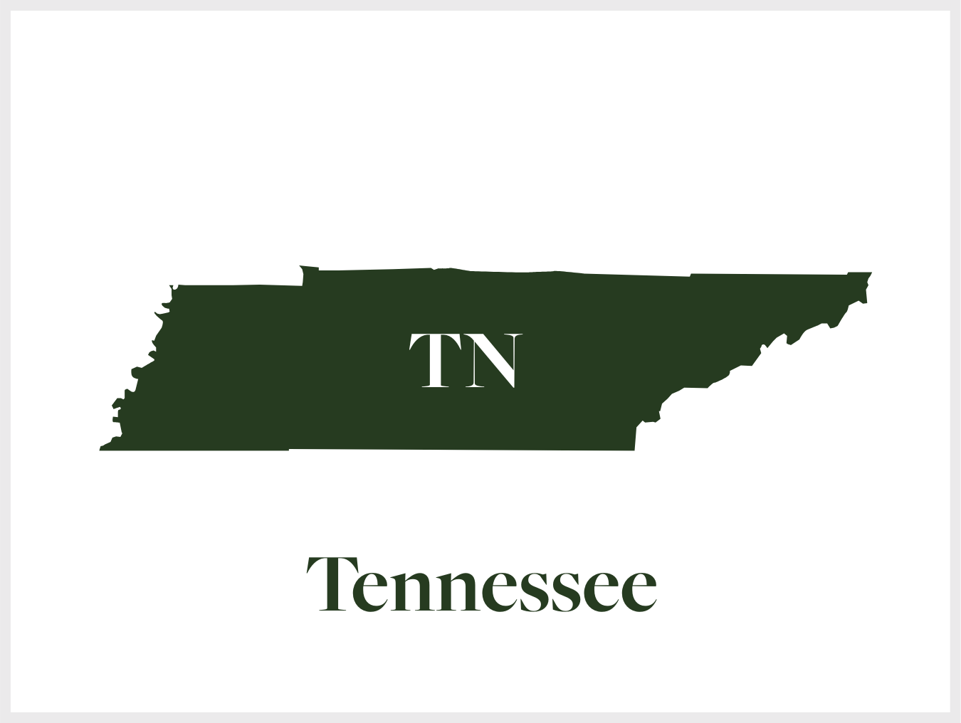 Silhouette map of Tennessee with the letters 'TN' inside and the word 'Tennessee' below.