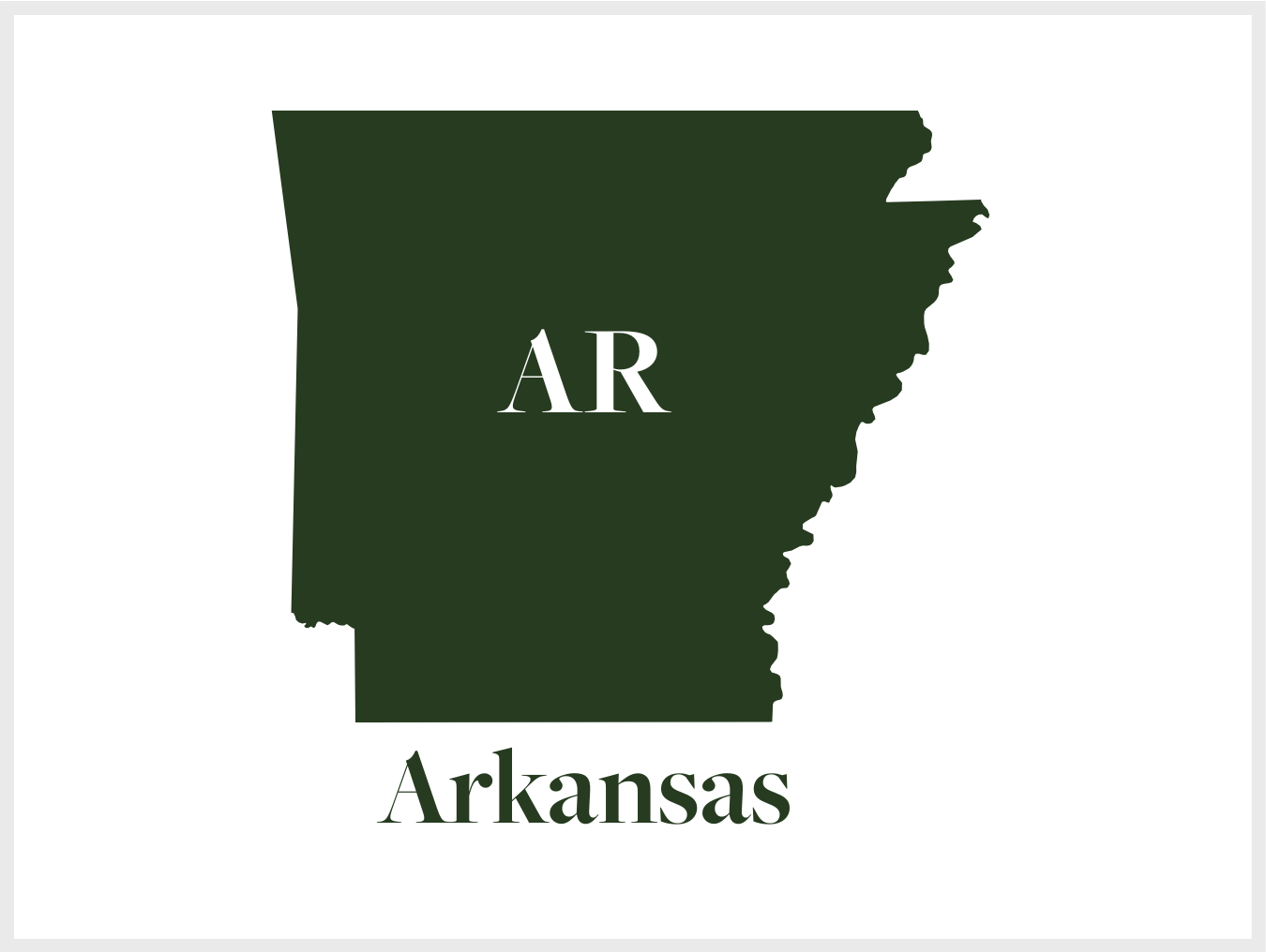 Silhouette of the state of Arkansas with the letters 'AR' inside and the word 'Arkansas' below.
