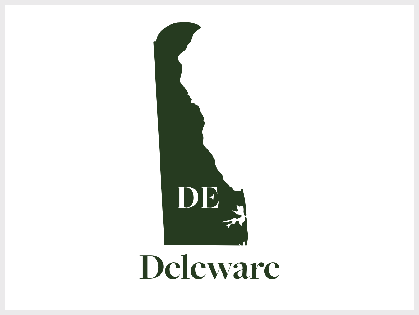 Stylized green outline of the state of Delaware with the word 'DE' inside, and the word 'Delaware' below it.