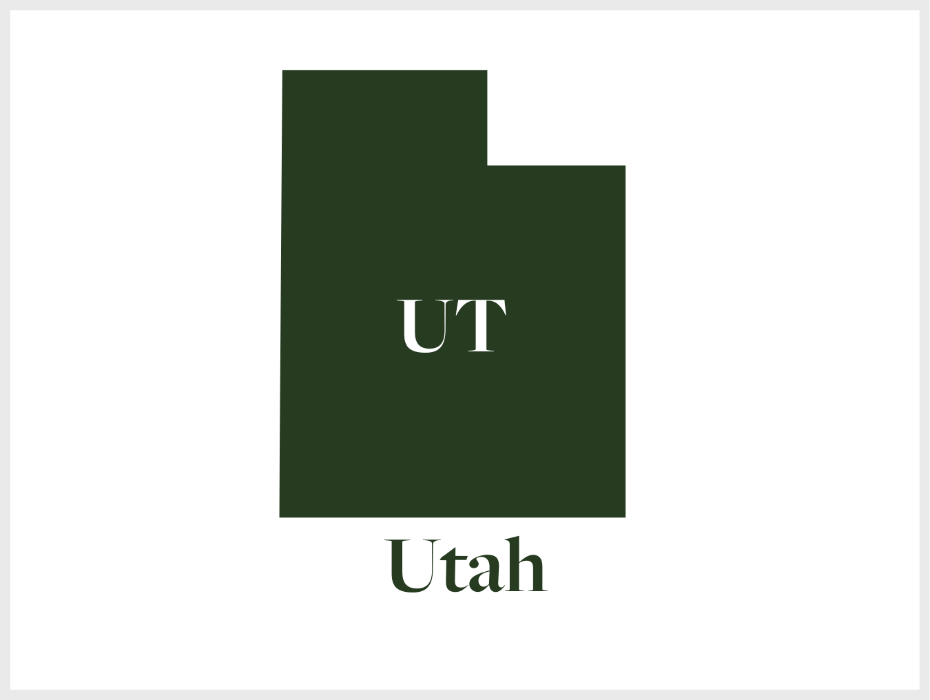 Minimalist graphic of the state of Utah in dark green with the letters 'UT' inside, and the word 'Utah' below.