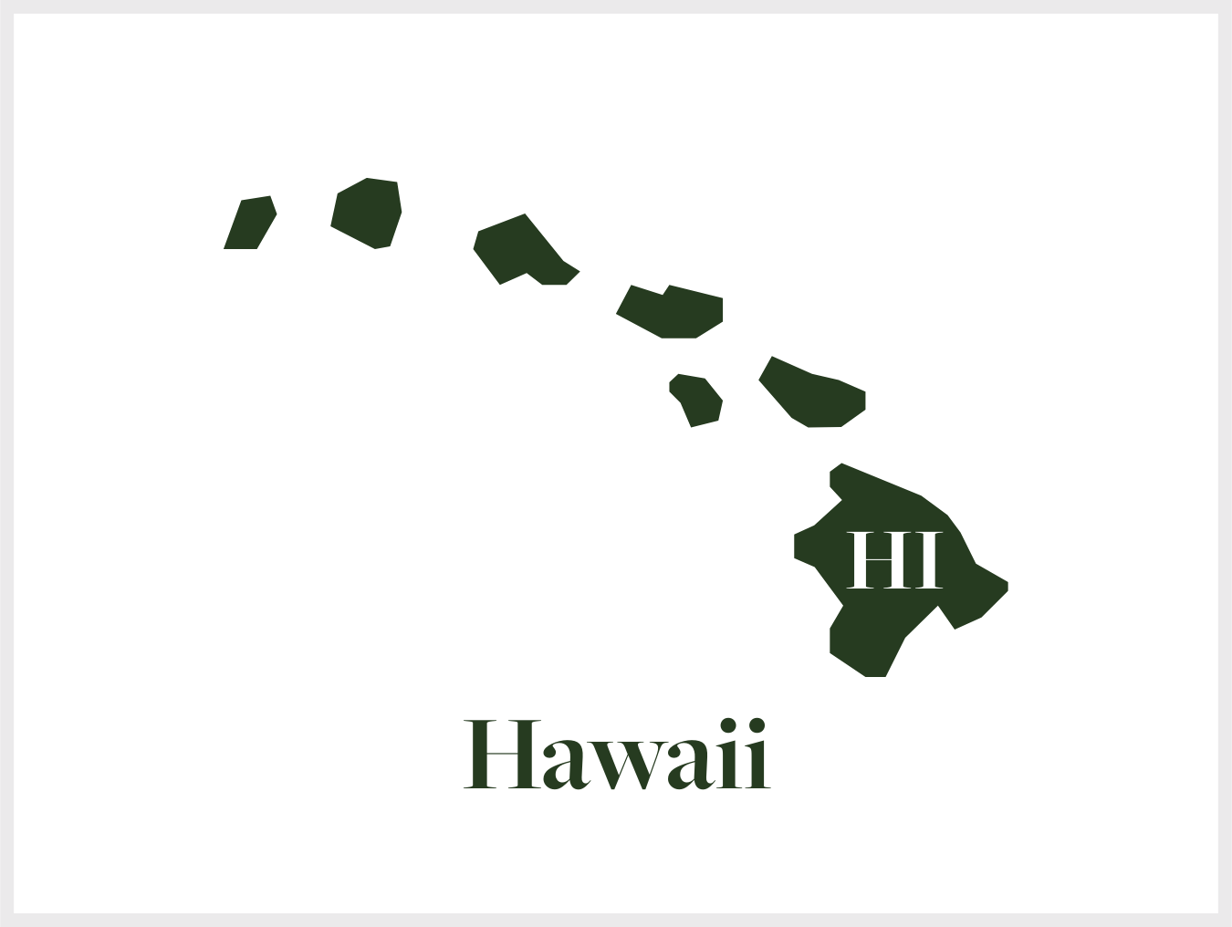 Green silhouette map of the Hawaiian Islands with large white 'HI' and the word 'Hawaii' at the bottom.