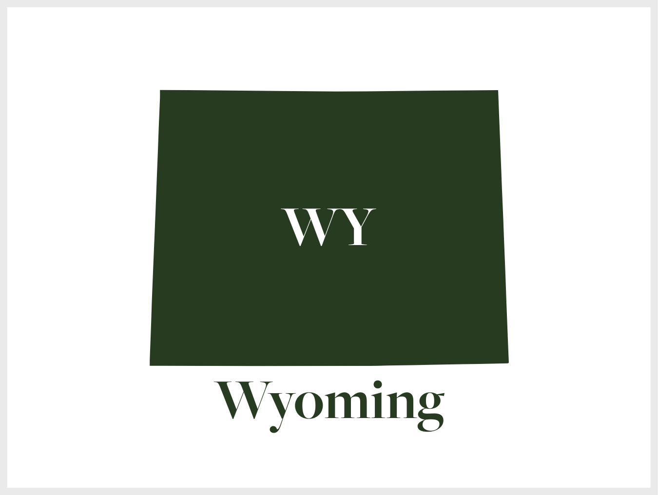 A dark green square with the white text 'WY' in the center and the word 'Wyoming' below.