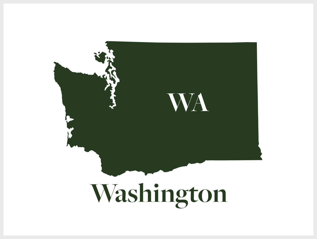 Green silhouette map of the state of Washington with the abbreviation 'WA' inside, and the word 'Washington' below.