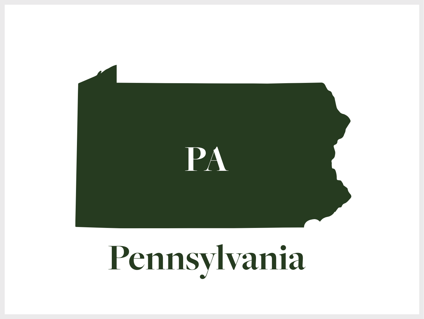 Green silhouette map of Pennsylvania with 'PA' in the center and 'Pennsylvania' written below.