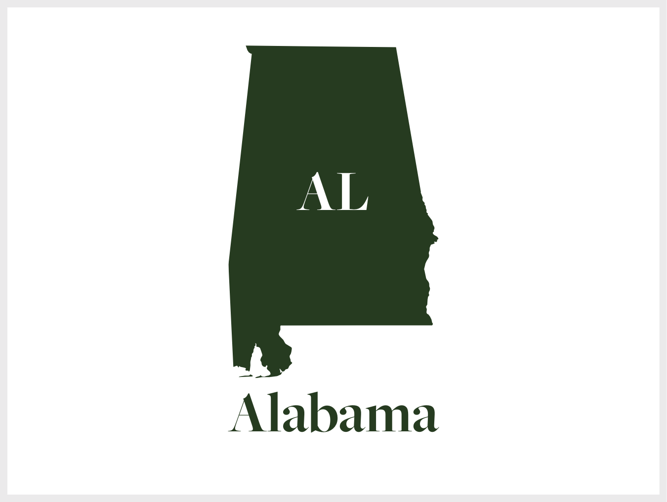 Green silhouette of the state of Alabama with the initials 'AL' in the center and the word 'Alabama' below.