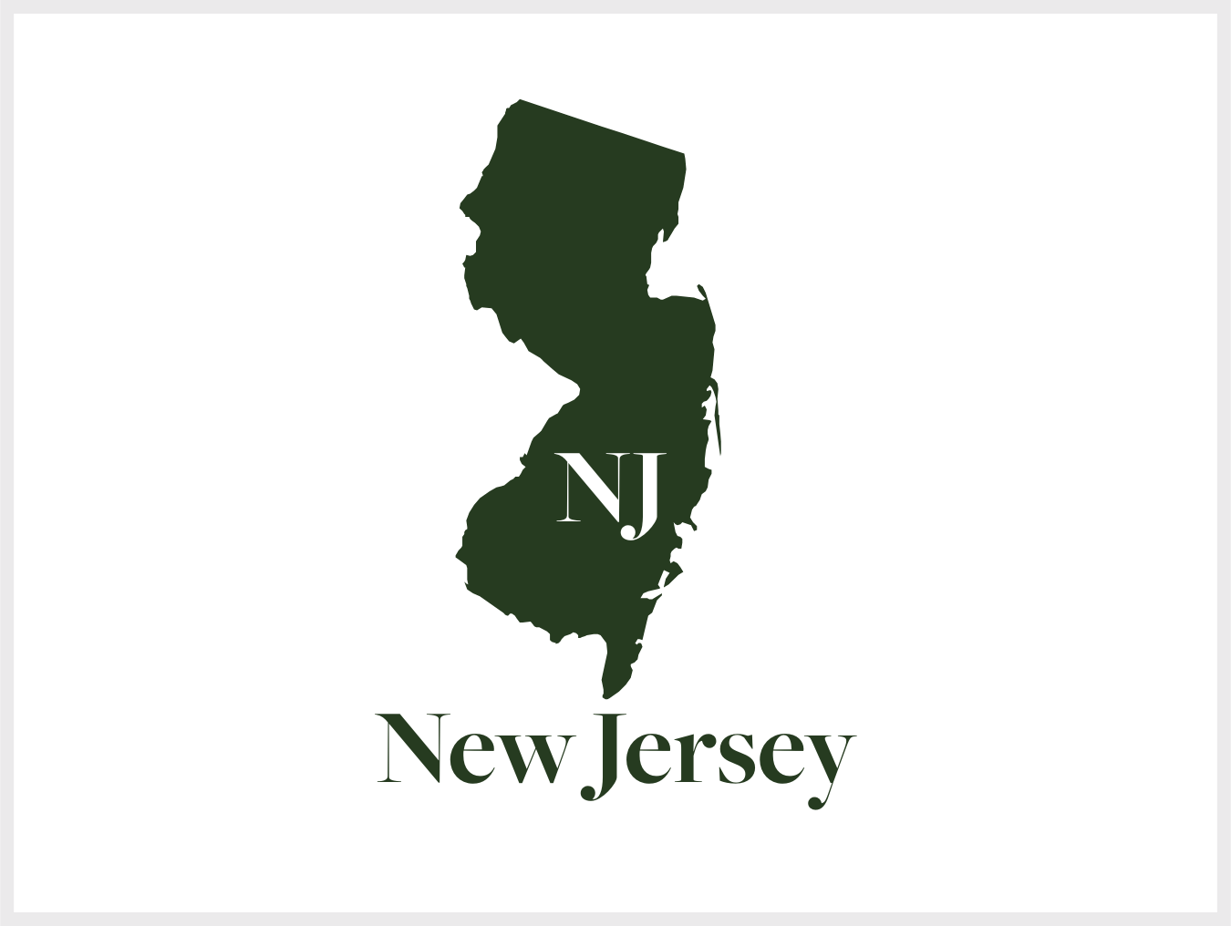 Silhouette of the state of New Jersey in dark green with the letters 'NJ' in the center and 'New Jersey' written below.