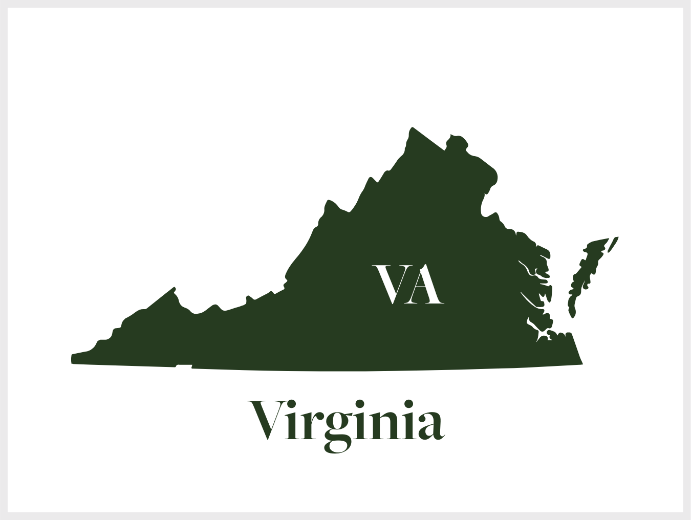 A dark green silhouette map of Virginia with 'VA' in the center and 'Virginia' written below.