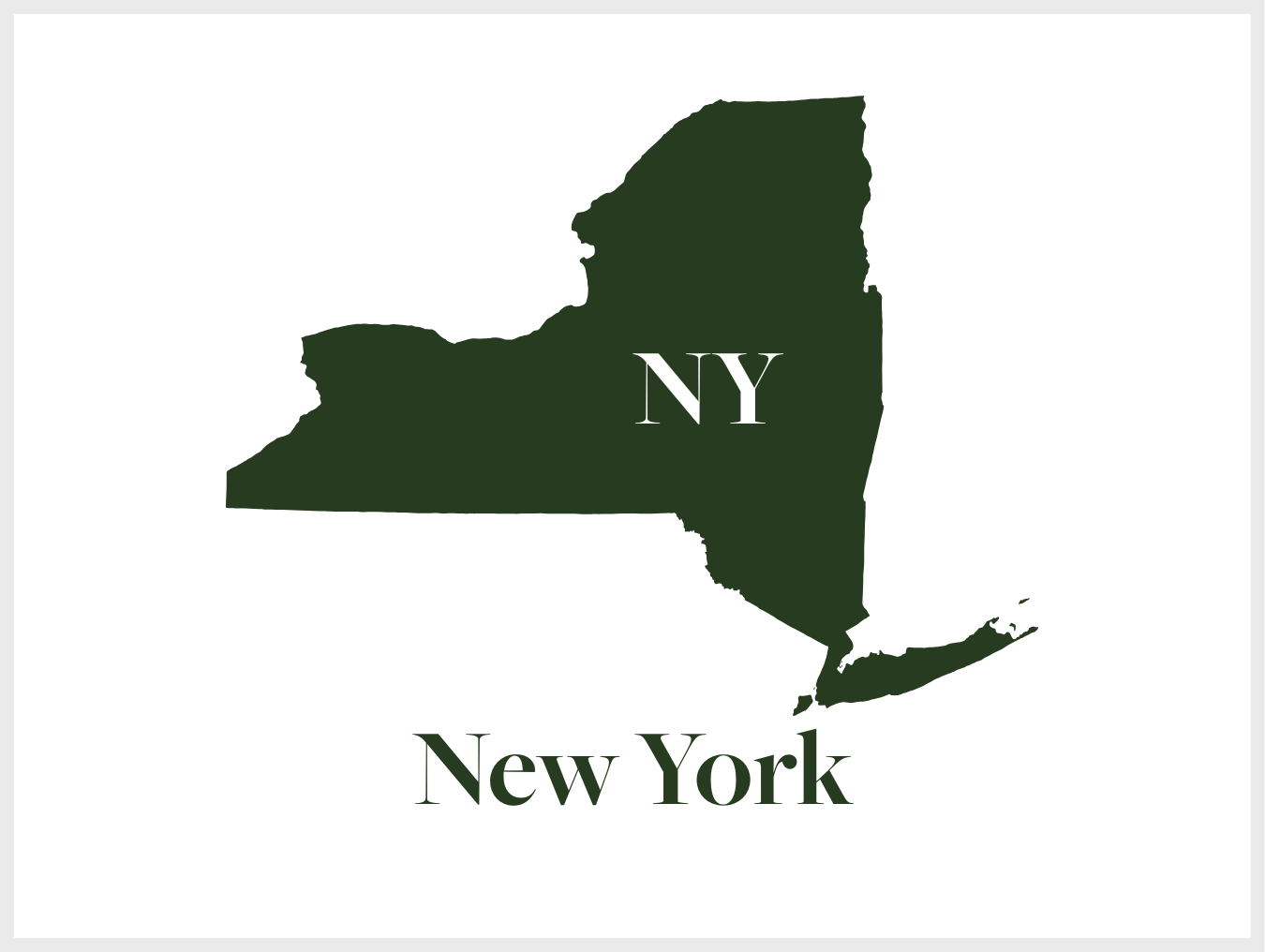 Dark green silhouette of the state of New York with 'NY' in large letters in the center, and 'New York' written below.
